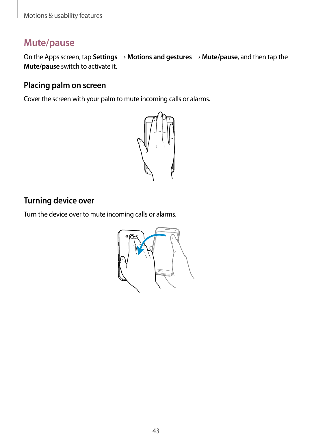 Samsung SM-E500FZKAPTR, SM-E500FZNDKSA, SM-E500FZWDKSA manual Mute/pause, Placing palm on screen, Turning device over 