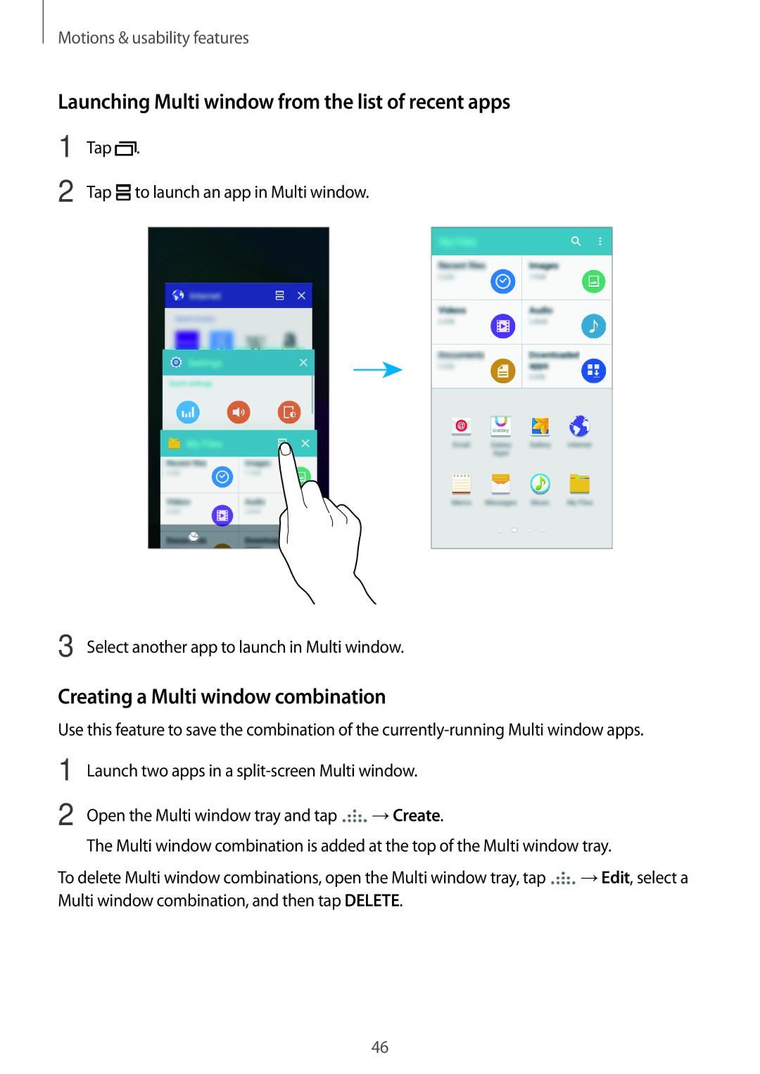 Samsung SM-E500FZWACEL manual Launching Multi window from the list of recent apps, Creating a Multi window combination 