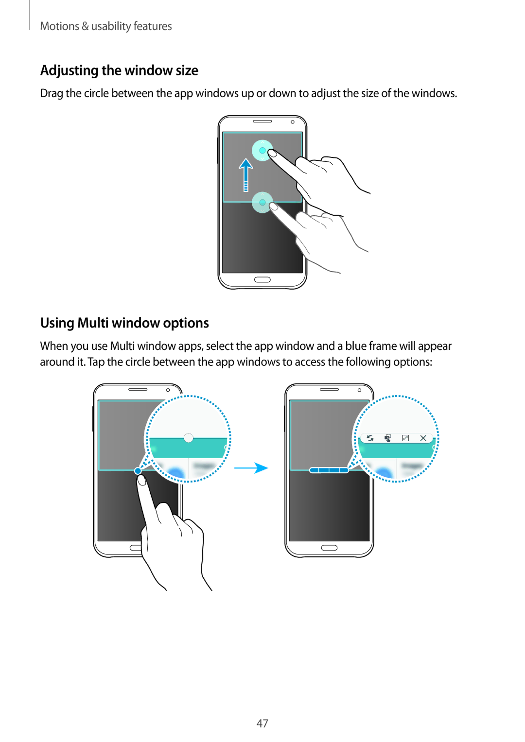 Samsung SM-E500FZKDILO, SM-E500FZNDKSA, SM-E500FZWDKSA, SM-E500FZKDKSA Adjusting the window size, Using Multi window options 