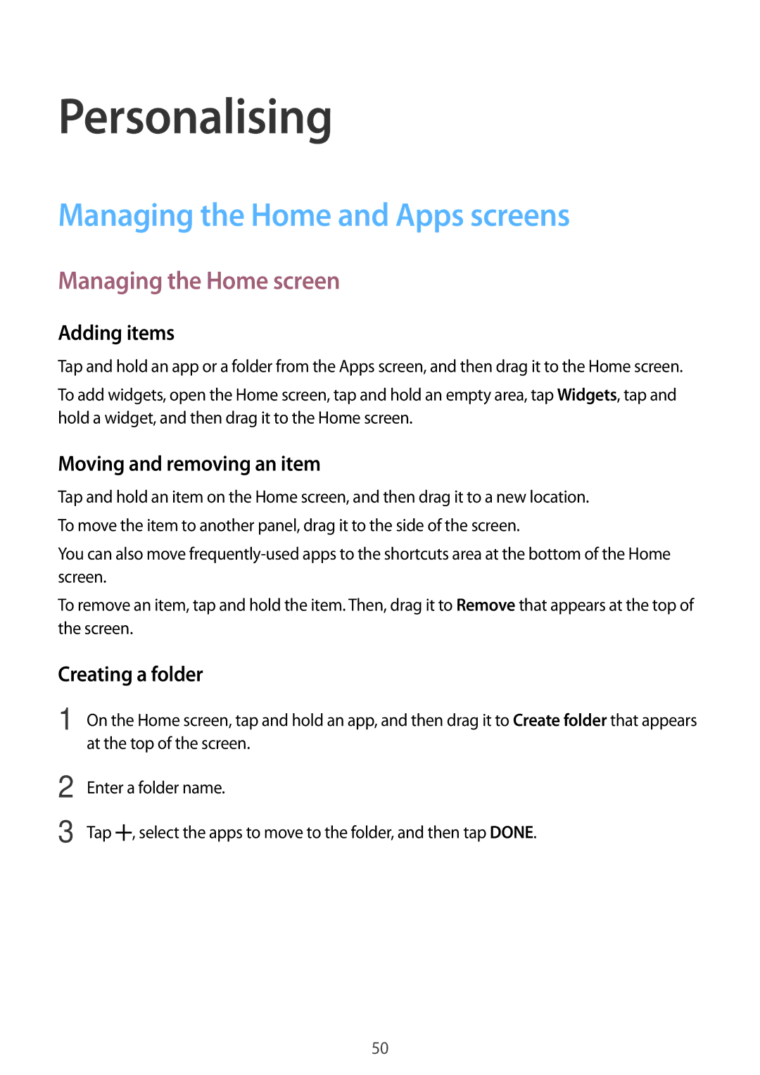 Samsung SM-E500FZKDKSA, SM-E500FZNDKSA manual Personalising, Managing the Home and Apps screens, Managing the Home screen 