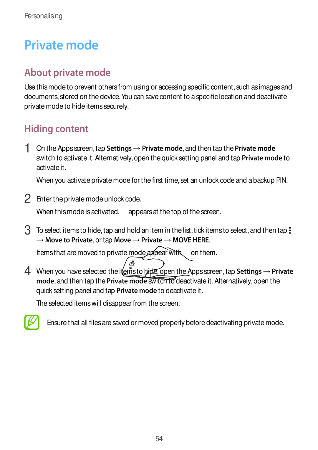 Samsung SM-E500FZKAPCL, SM-E500FZNDKSA, SM-E500FZWDKSA, SM-E500FZKDKSA manual Private mode, About private mode, Hiding content 
