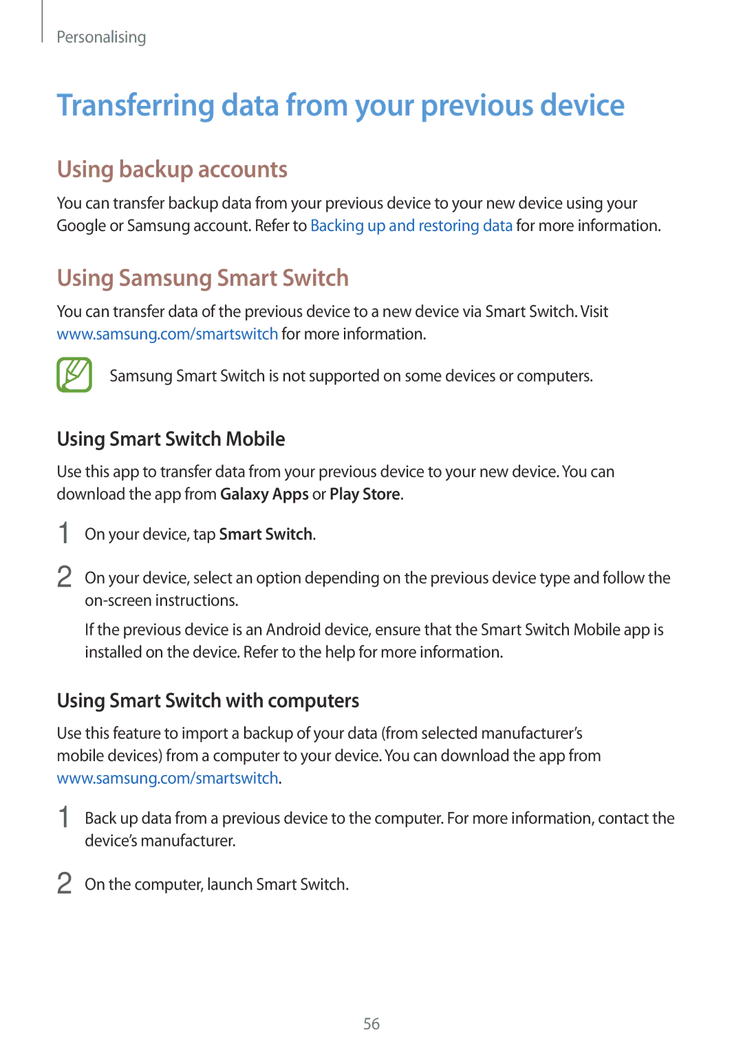 Samsung SM-E500FZNDILO Transferring data from your previous device, Using backup accounts, Using Samsung Smart Switch 