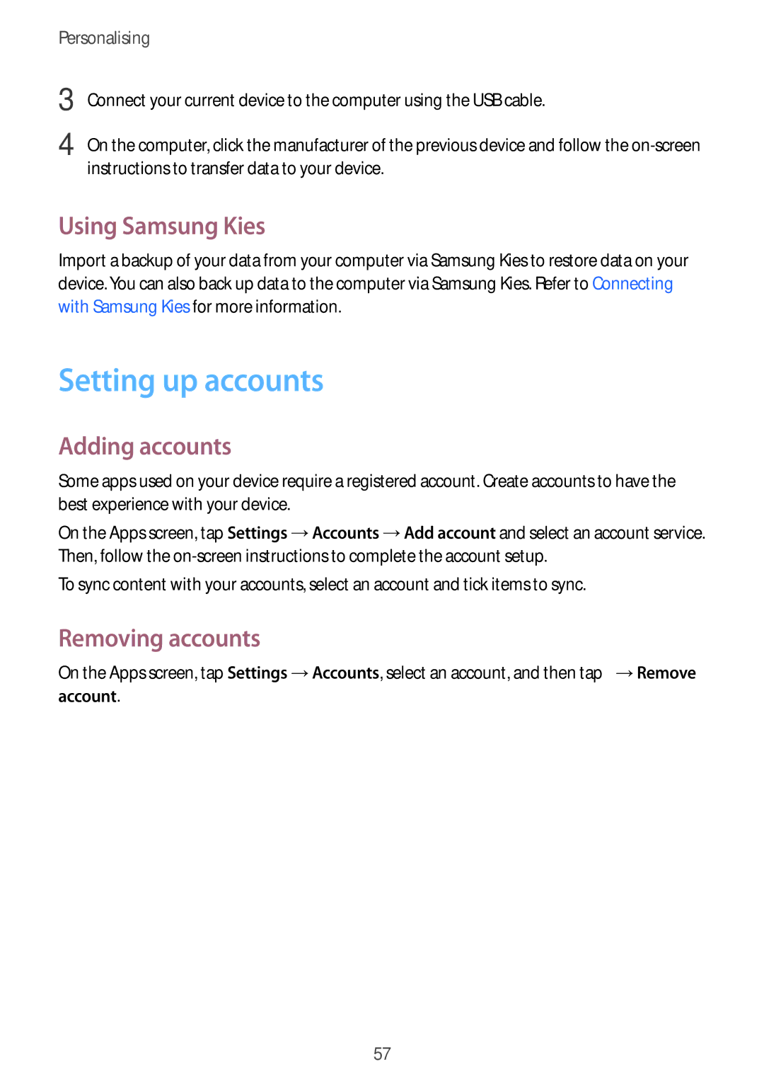 Samsung SM-E500FZKACEL, SM-E500FZNDKSA manual Setting up accounts, Using Samsung Kies, Adding accounts, Removing accounts 