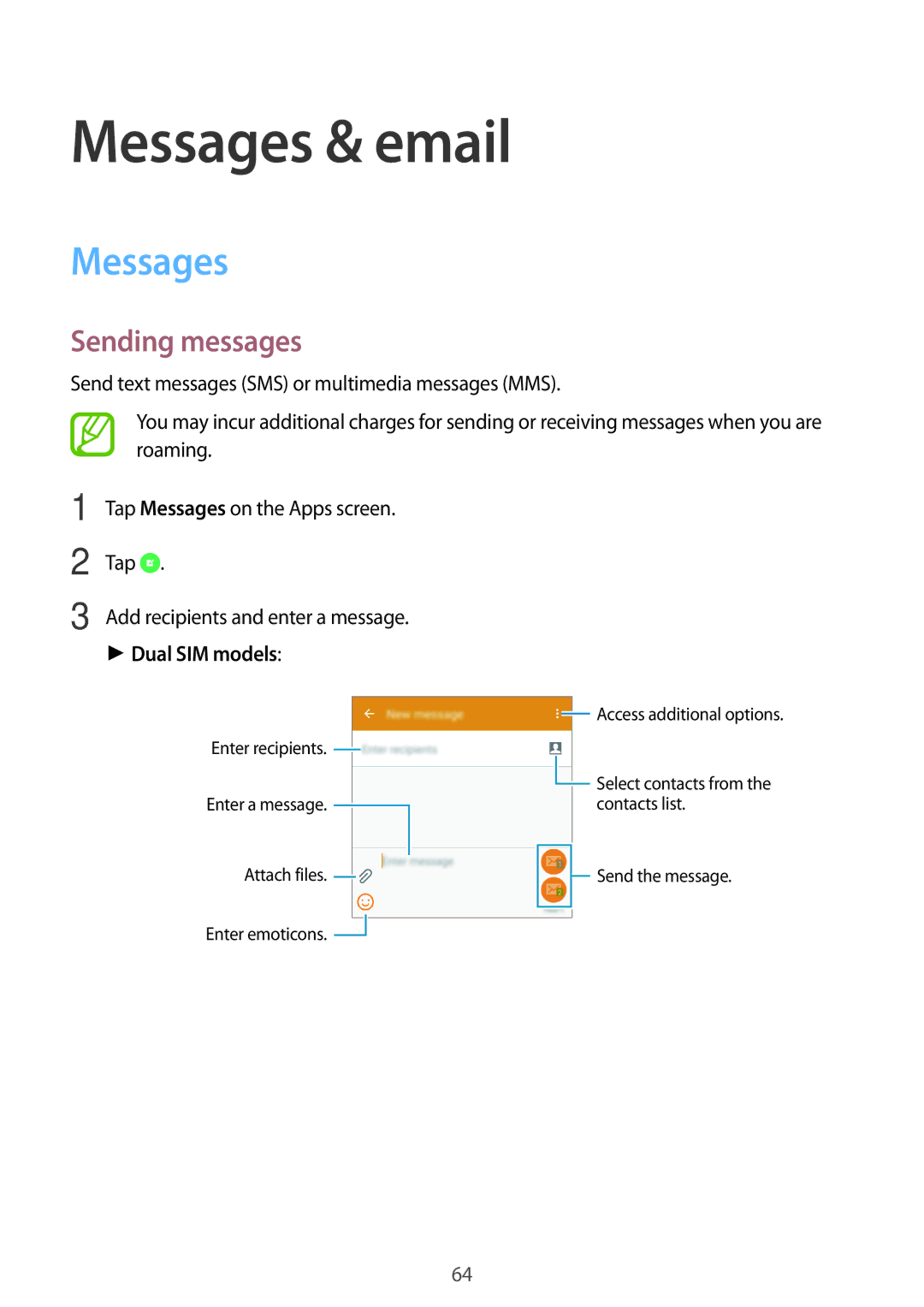 Samsung SM-E500FZNDKSA, SM-E500FZWDKSA, SM-E500FZKDKSA, SM-E500FZNAPTR Messages & email, Sending messages, Dual SIM models 