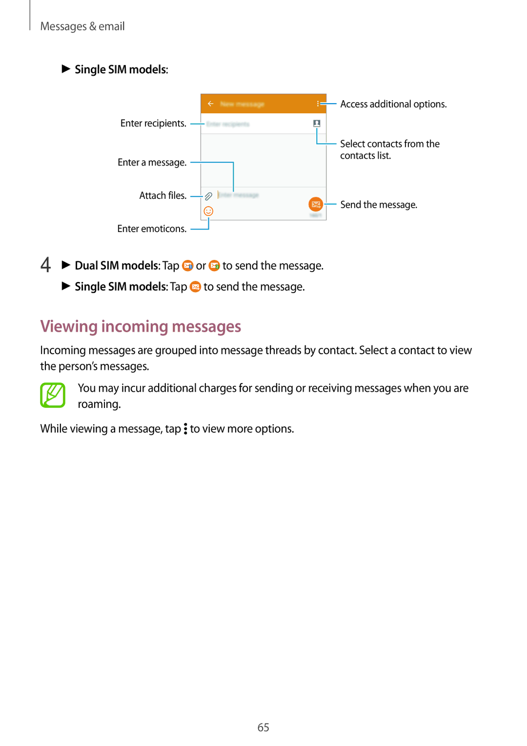 Samsung SM-E500FZWDKSA, SM-E500FZNDKSA, SM-E500FZKDKSA, SM-E500FZNAPTR manual Viewing incoming messages, Single SIM models 