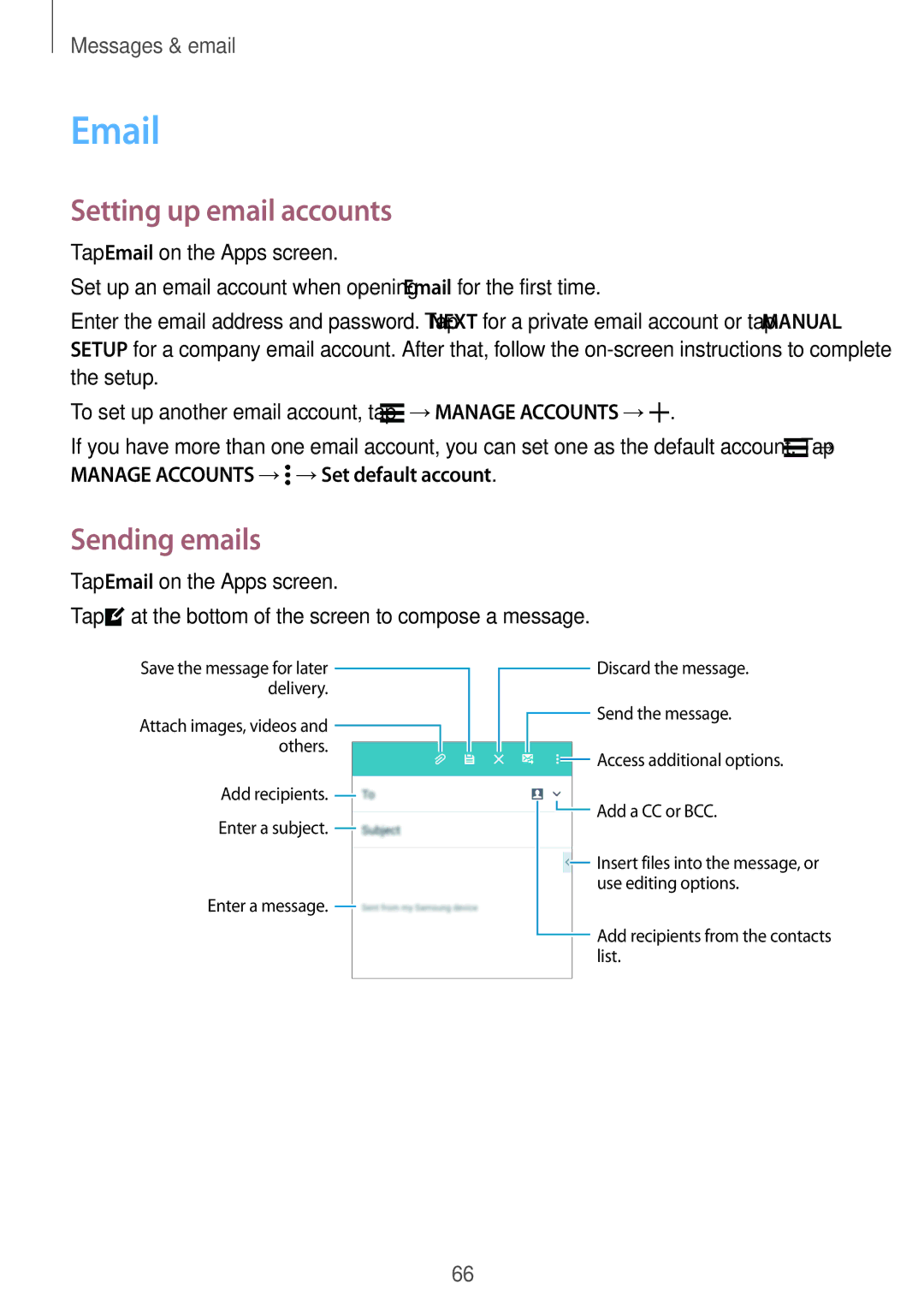 Samsung SM-E500FZKDKSA, SM-E500FZNDKSA, SM-E500FZWDKSA, SM-E500FZNAPTR manual Setting up email accounts, Sending emails 