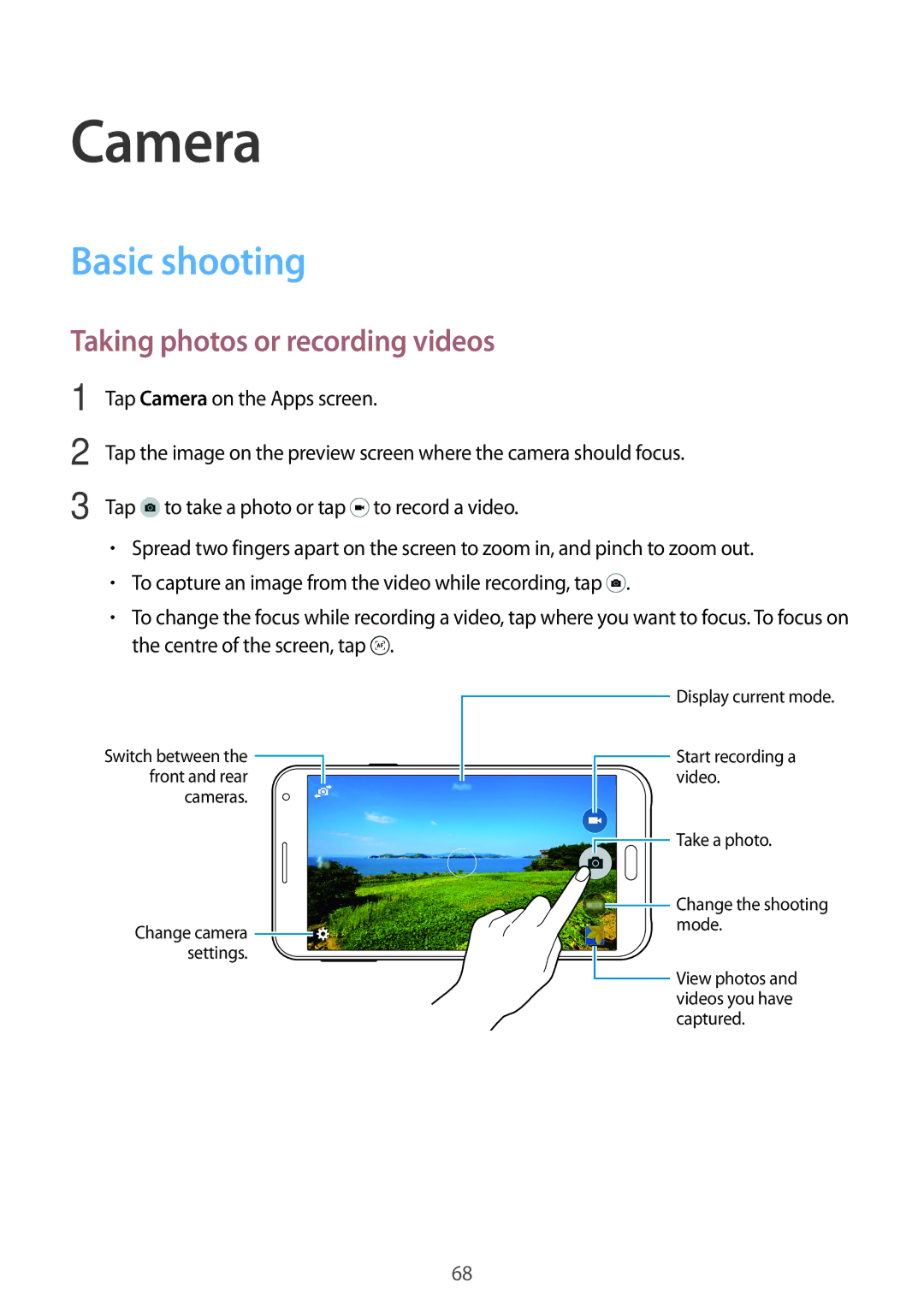 Samsung SM-E500FZWDILO, SM-E500FZNDKSA, SM-E500FZWDKSA manual Camera, Basic shooting, Taking photos or recording videos 