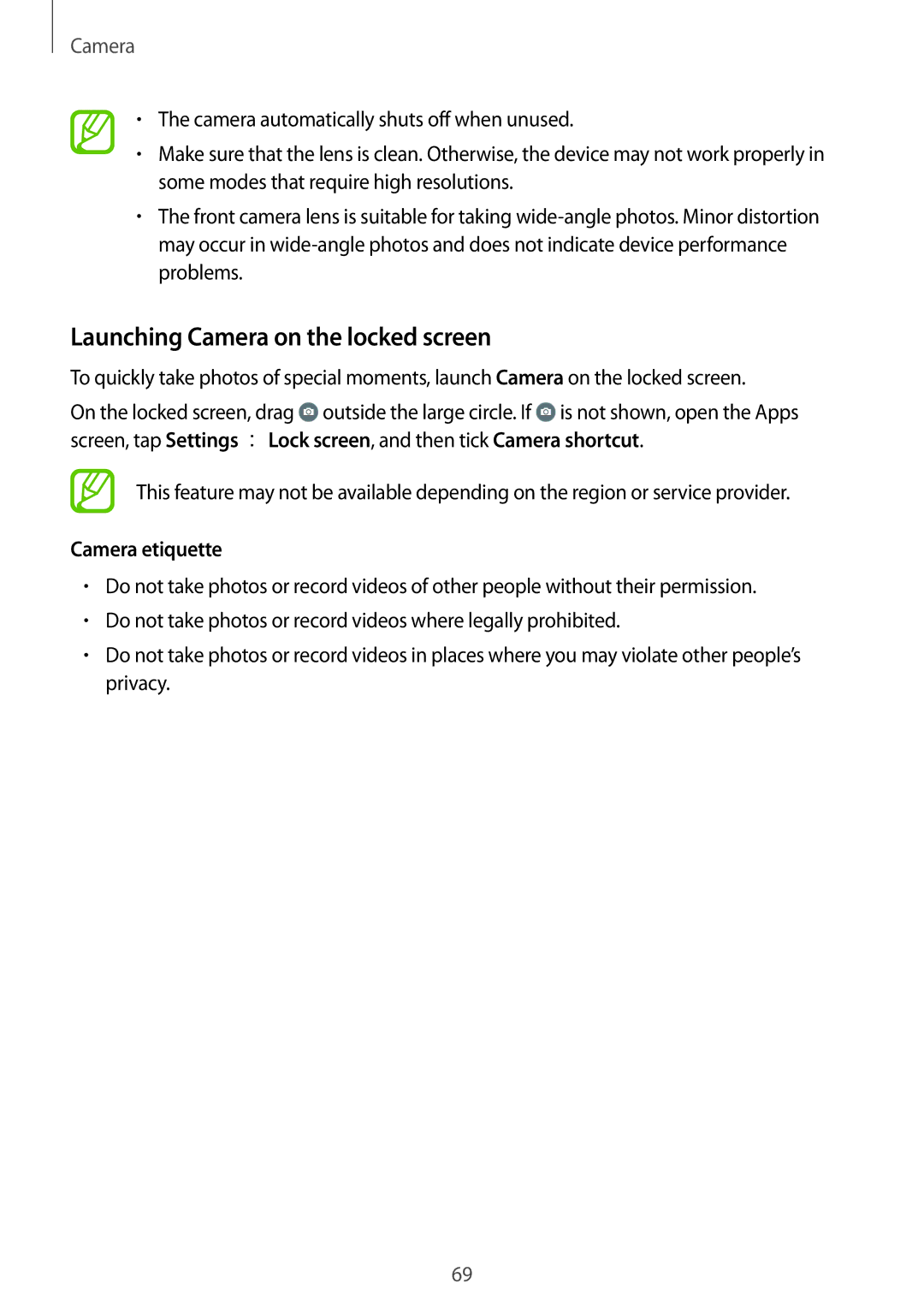 Samsung SM-E500FZWAPCL, SM-E500FZNDKSA, SM-E500FZWDKSA manual Launching Camera on the locked screen, Camera etiquette 