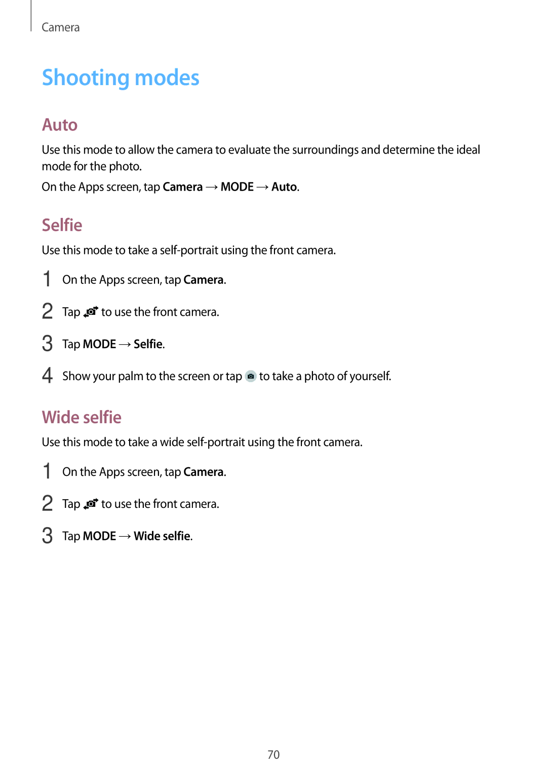 Samsung SM-E500FZKAPCL, SM-E500FZNDKSA, SM-E500FZWDKSA, SM-E500FZKDKSA manual Shooting modes, Auto, Selfie, Wide selfie 