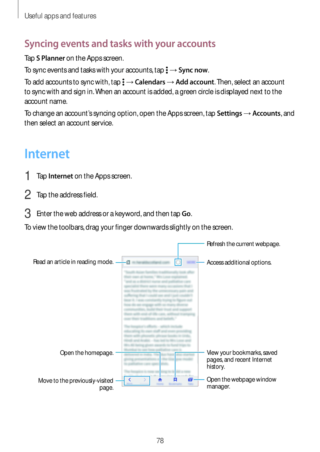 Samsung SM-E500FZWACEL, SM-E500FZNDKSA, SM-E500FZWDKSA, SM-E500FZKDKSA Internet, Syncing events and tasks with your accounts 