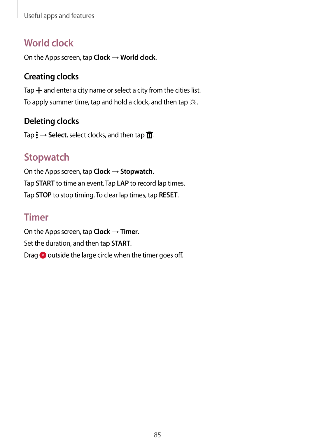 Samsung SM-E500FZWAPCL, SM-E500FZNDKSA, SM-E500FZWDKSA manual World clock, Stopwatch, Timer, Creating clocks, Deleting clocks 