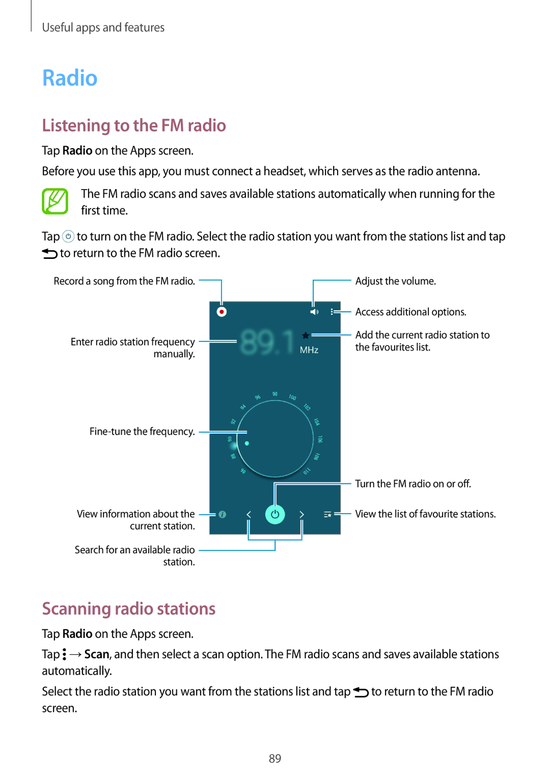 Samsung SM-E500FZKACEL, SM-E500FZNDKSA, SM-E500FZWDKSA manual Radio, Listening to the FM radio, Scanning radio stations 