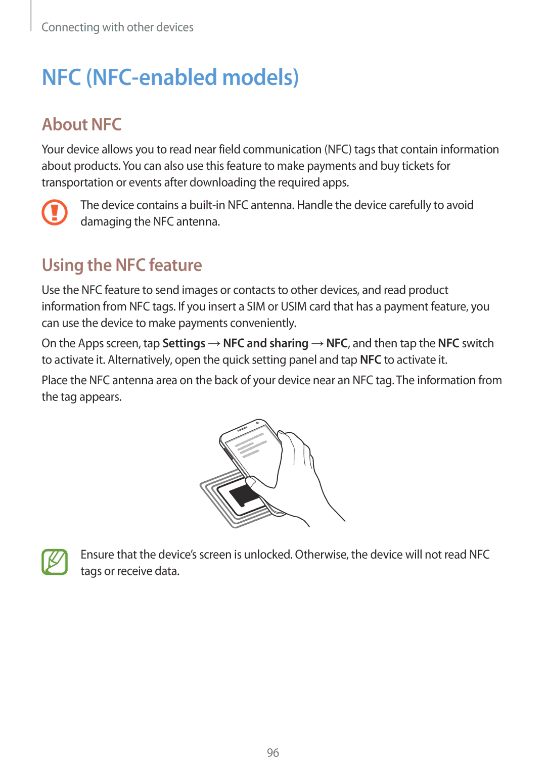 Samsung SM-E500FZNDKSA, SM-E500FZWDKSA, SM-E500FZKDKSA manual NFC NFC-enabled models, About NFC, Using the NFC feature 