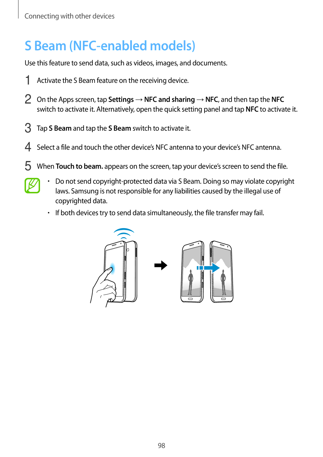 Samsung SM-E500FZKDKSA, SM-E500FZNDKSA manual Beam NFC-enabled models, Tap S Beam and tap the S Beam switch to activate it 