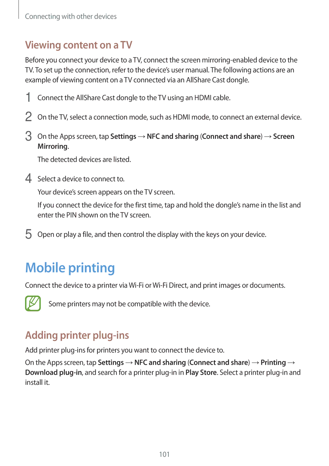 Samsung SM-E500FZNAPTR, SM-E500HZWDKSA, SM-E500FZNDKSA Mobile printing, Viewing content on a TV, Adding printer plug-ins 