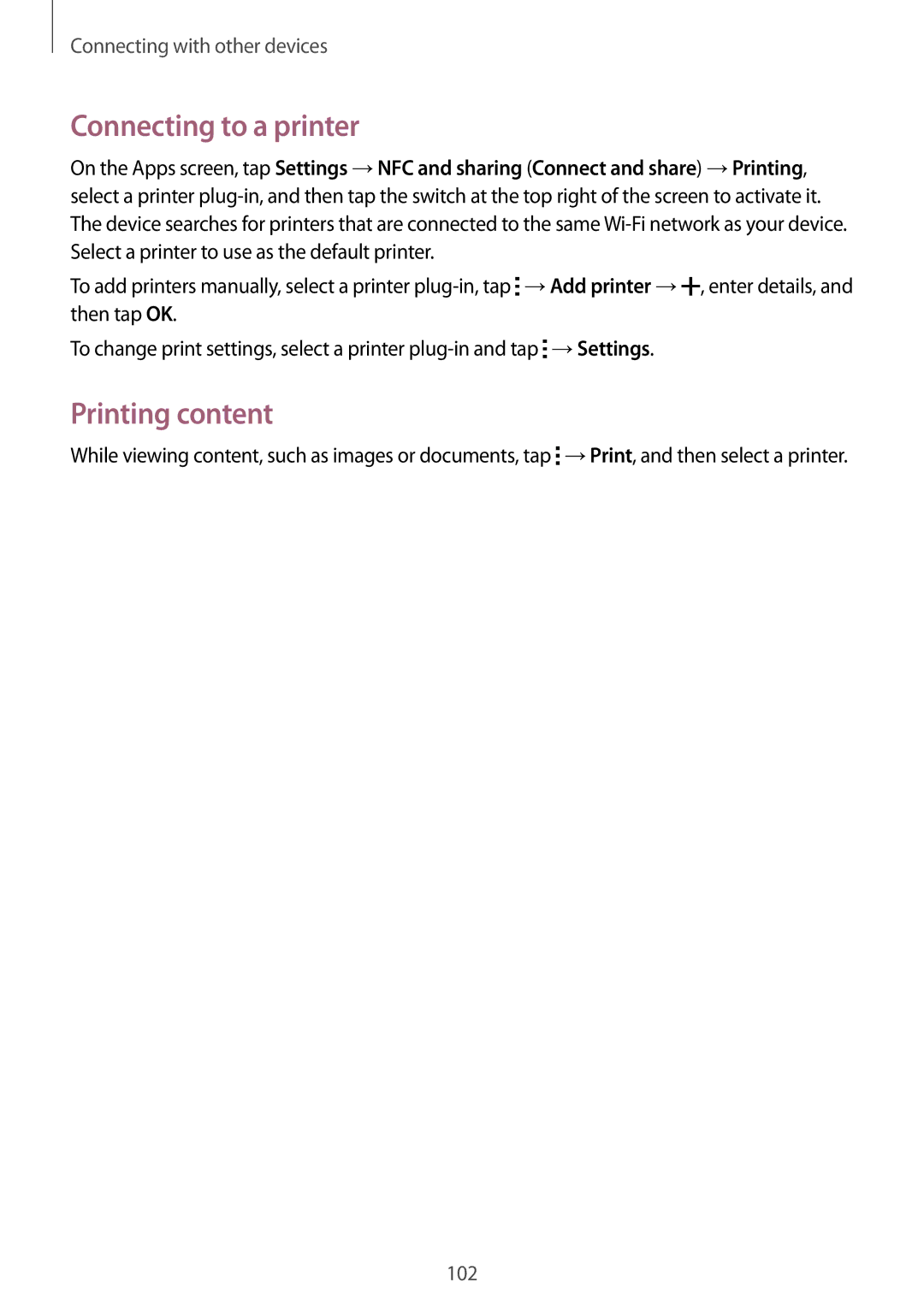 Samsung SM-E500FZWDILO, SM-E500HZWDKSA, SM-E500FZNDKSA, SM-E500FZWDKSA manual Connecting to a printer, Printing content 