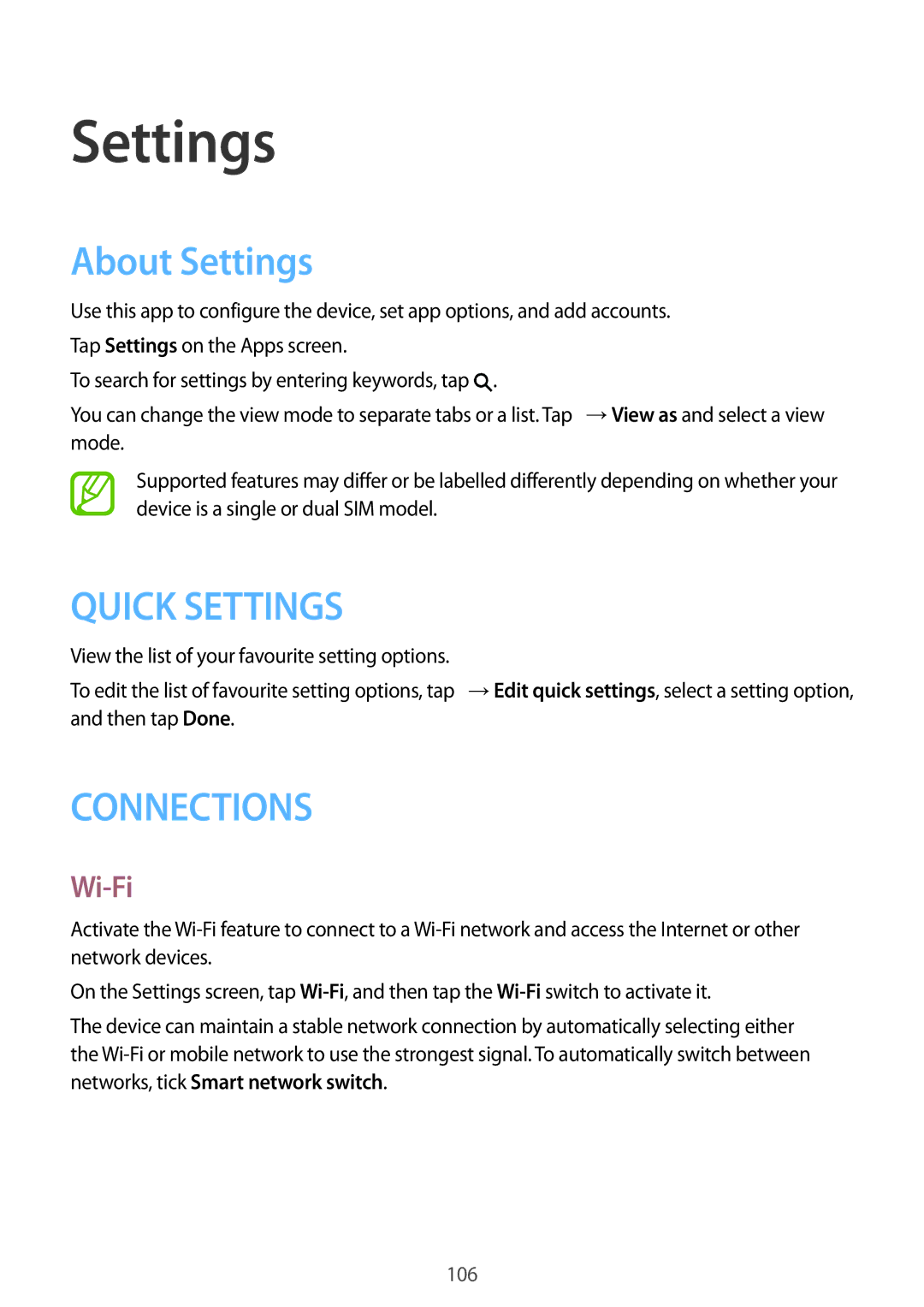 Samsung SM-E500FZNDILO, SM-E500HZWDKSA, SM-E500FZNDKSA, SM-E500FZWDKSA, SM-E500FZKDKSA manual About Settings, Wi-Fi 