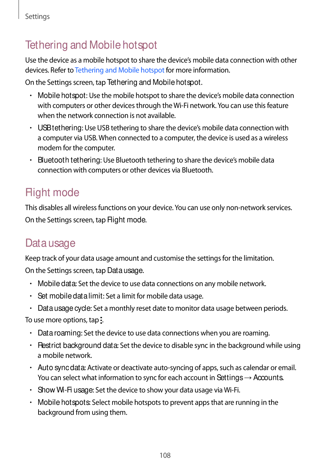 Samsung SM-E500FZKAILO, SM-E500HZWDKSA, SM-E500FZNDKSA, SM-E500FZWDKSA Tethering and Mobile hotspot, Flight mode, Data usage 