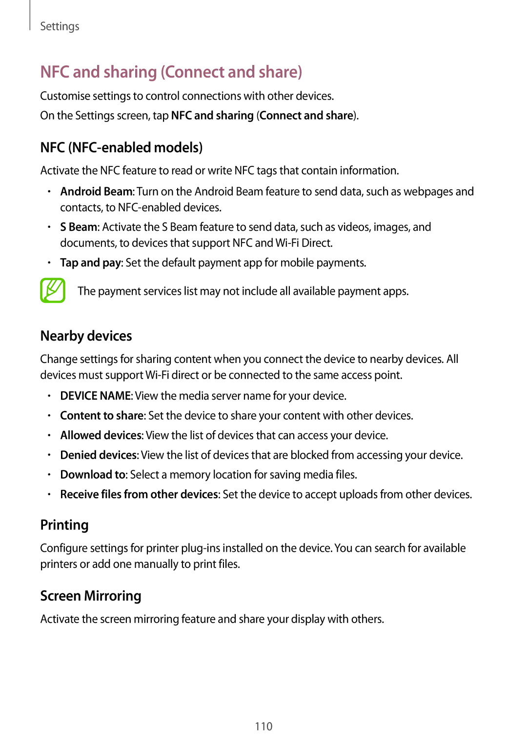 Samsung SM-E500FZWAILO, SM-E500HZWDKSA NFC and sharing Connect and share, NFC NFC-enabled models, Nearby devices, Printing 