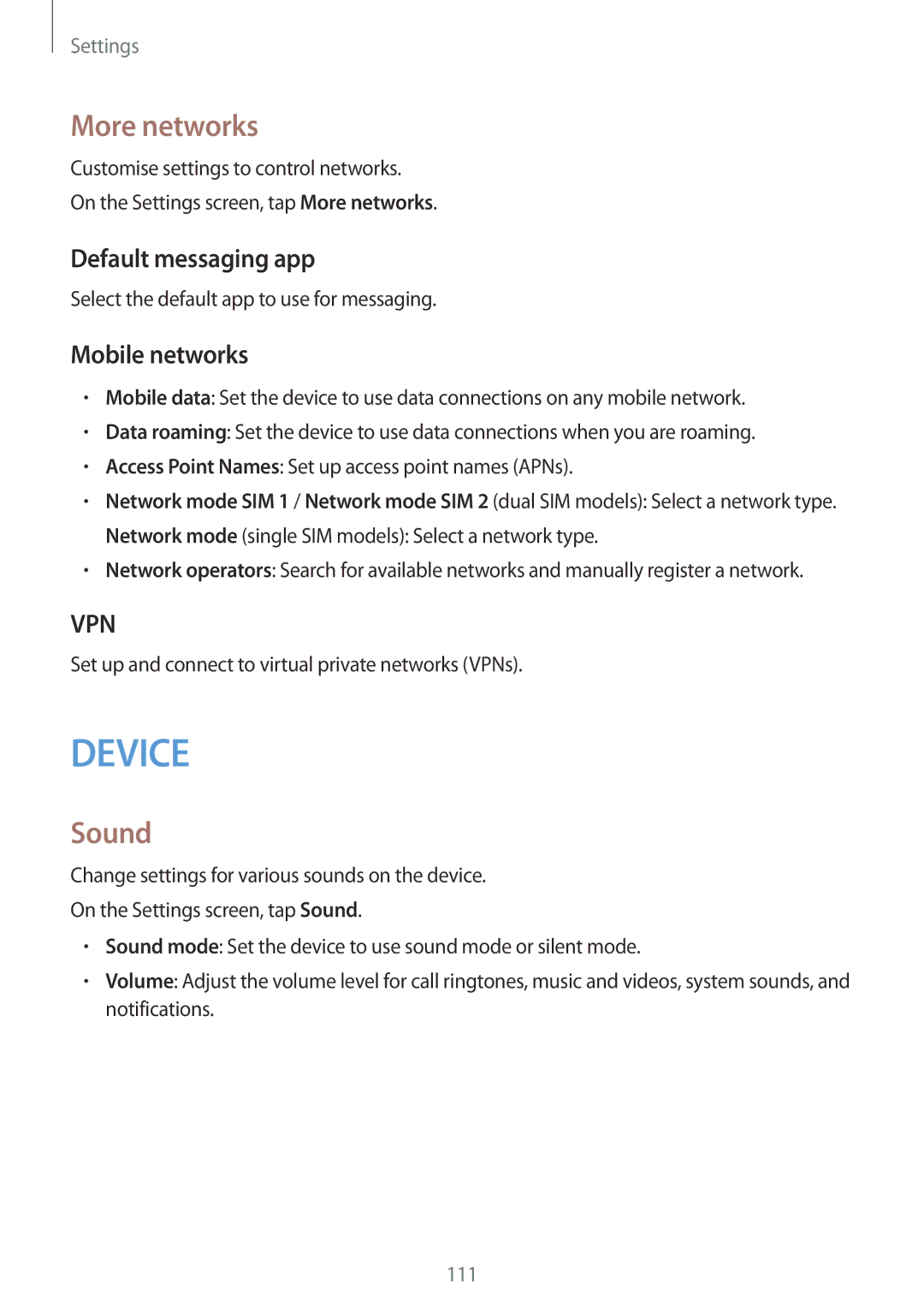 Samsung SM-E500FZWAPTR, SM-E500HZWDKSA, SM-E500FZNDKSA manual More networks, Sound, Default messaging app, Mobile networks 