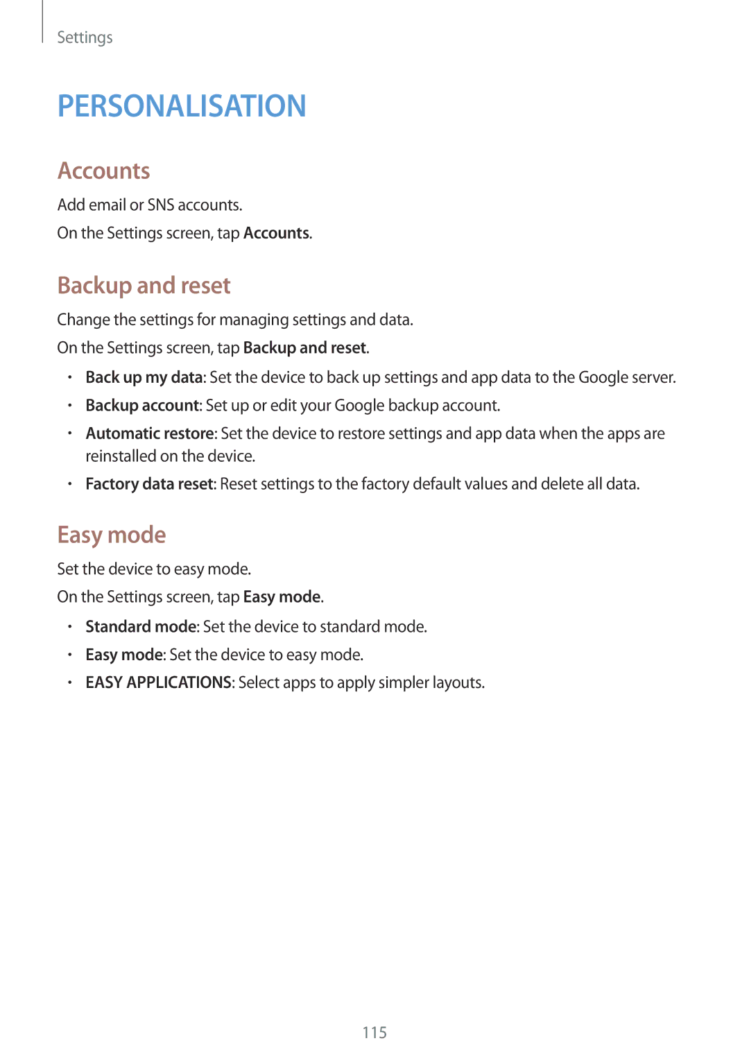 Samsung SM-E500FZNDKSA, SM-E500HZWDKSA, SM-E500FZWDKSA, SM-E500FZKDKSA, SM-E500HZNDKSA Accounts, Backup and reset, Easy mode 