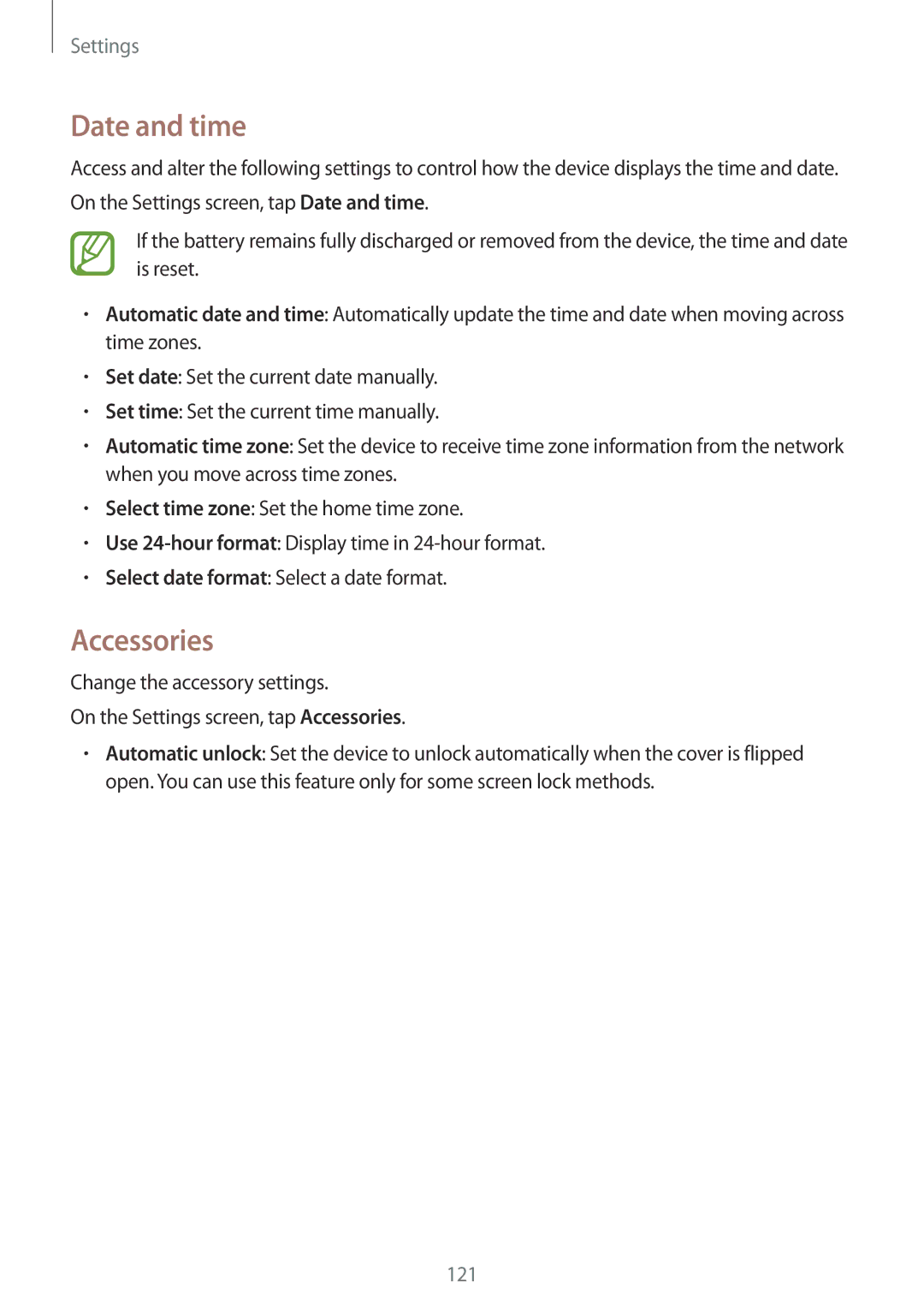 Samsung SM-E500FZWDILO, SM-E500HZWDKSA, SM-E500FZNDKSA, SM-E500FZWDKSA, SM-E500FZKDKSA manual Date and time, Accessories 