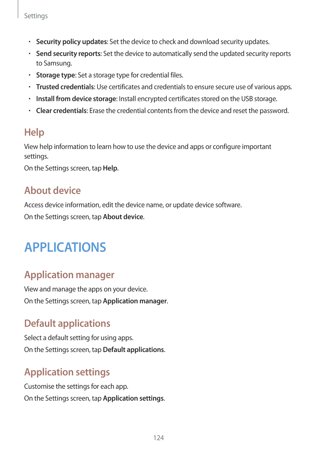 Samsung SM-E500FZNAILO, SM-E500HZWDKSA Help, About device, Application manager, Default applications, Application settings 