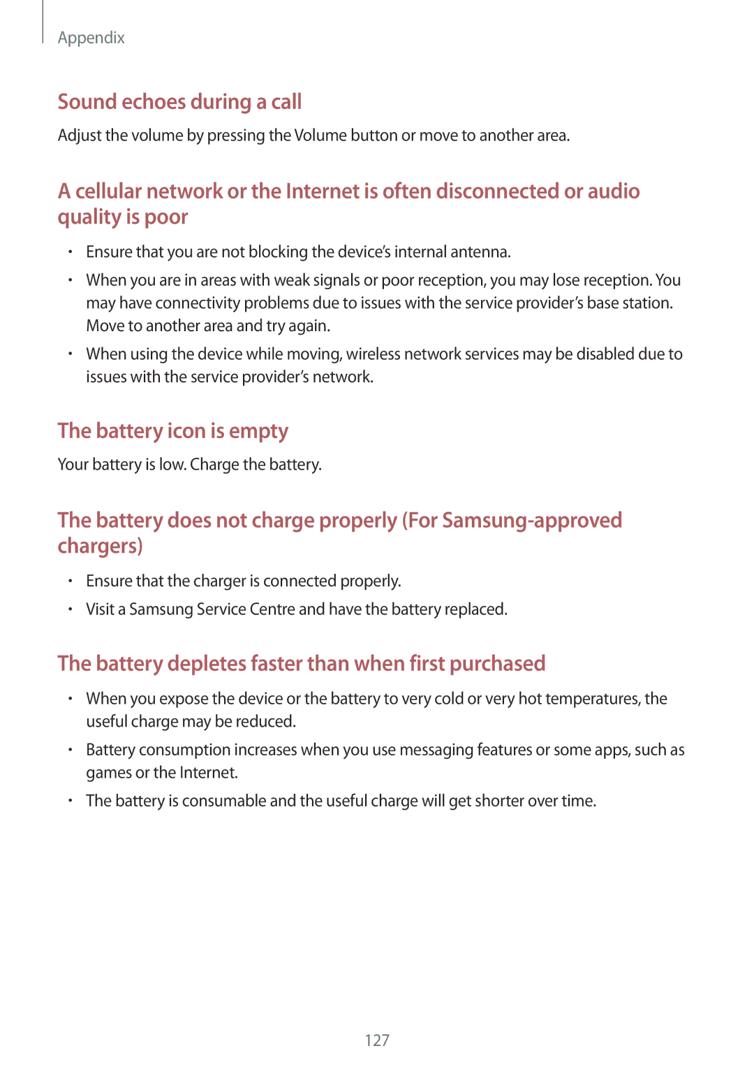 Samsung SM-E500FZKAILO, SM-E500HZWDKSA, SM-E500FZNDKSA, SM-E500FZWDKSA, SM-E500FZKDKSA manual Sound echoes during a call 