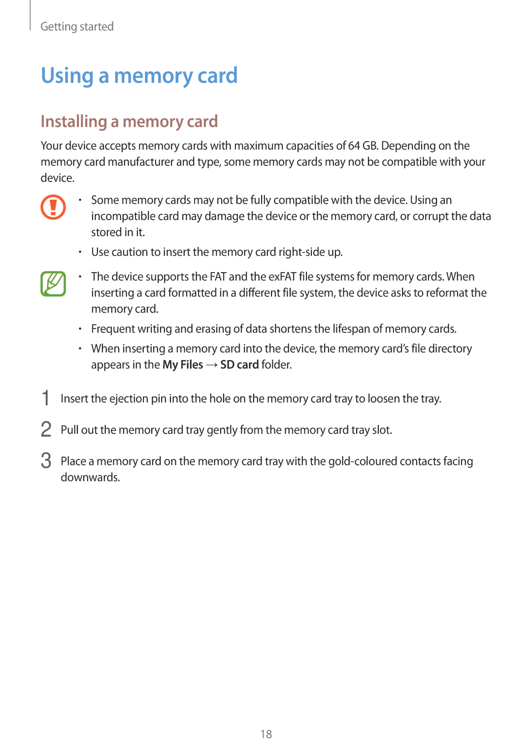 Samsung SM-E500FZKDILO, SM-E500HZWDKSA, SM-E500FZNDKSA, SM-E500FZWDKSA manual Using a memory card, Installing a memory card 