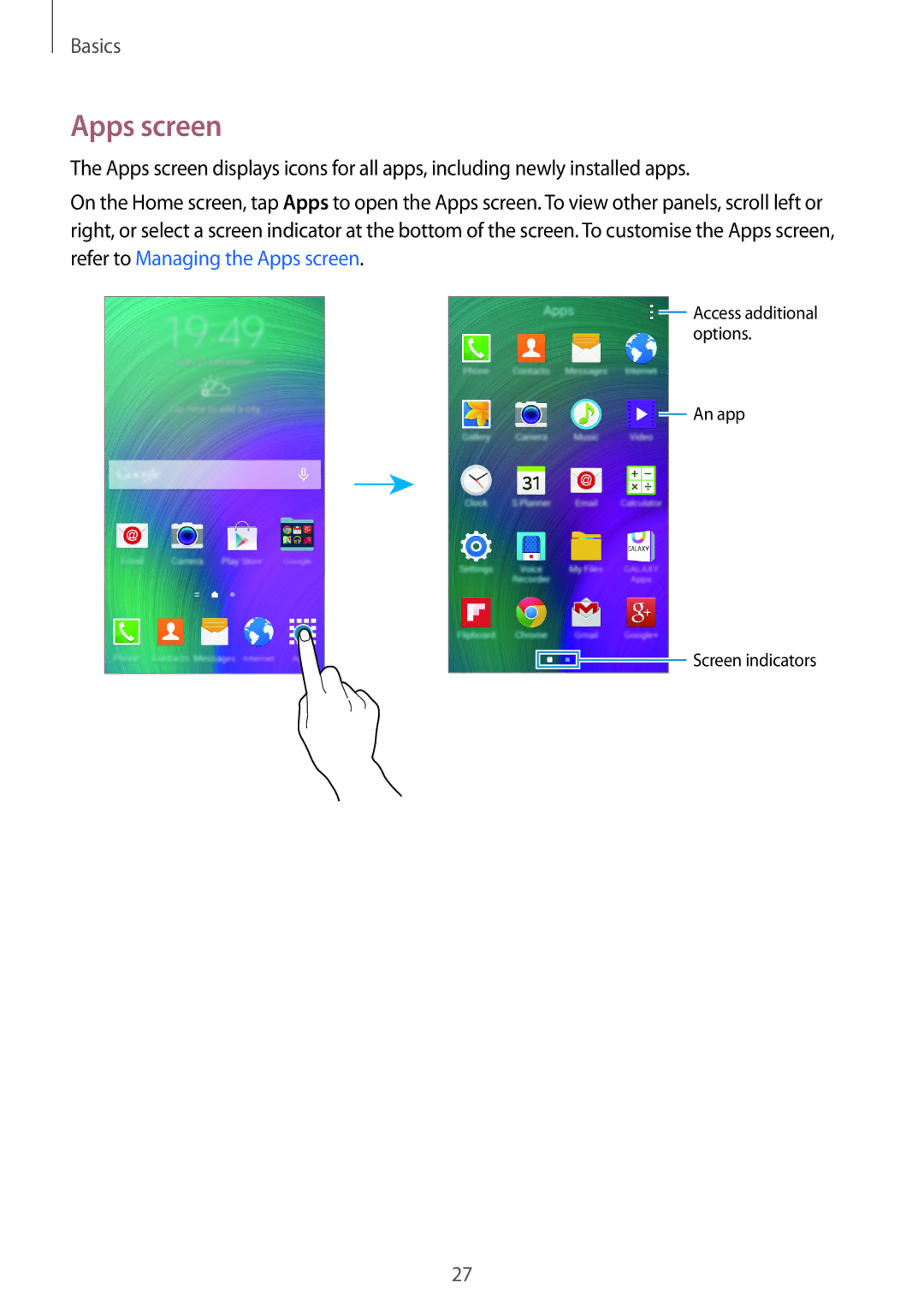 Samsung SM-E500FZWAPCL, SM-E500HZWDKSA, SM-E500FZNDKSA, SM-E500FZWDKSA, SM-E500FZKDKSA, SM-E500HZNDKSA manual Apps screen 