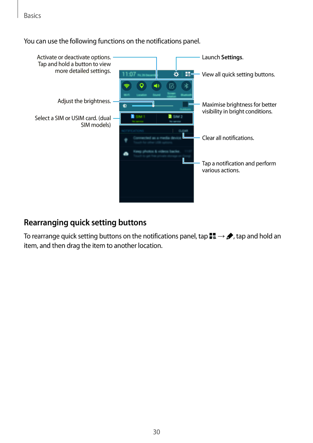 Samsung SM-E500FZNDILO, SM-E500HZWDKSA, SM-E500FZNDKSA, SM-E500FZWDKSA, SM-E500FZKDKSA manual Rearranging quick setting buttons 