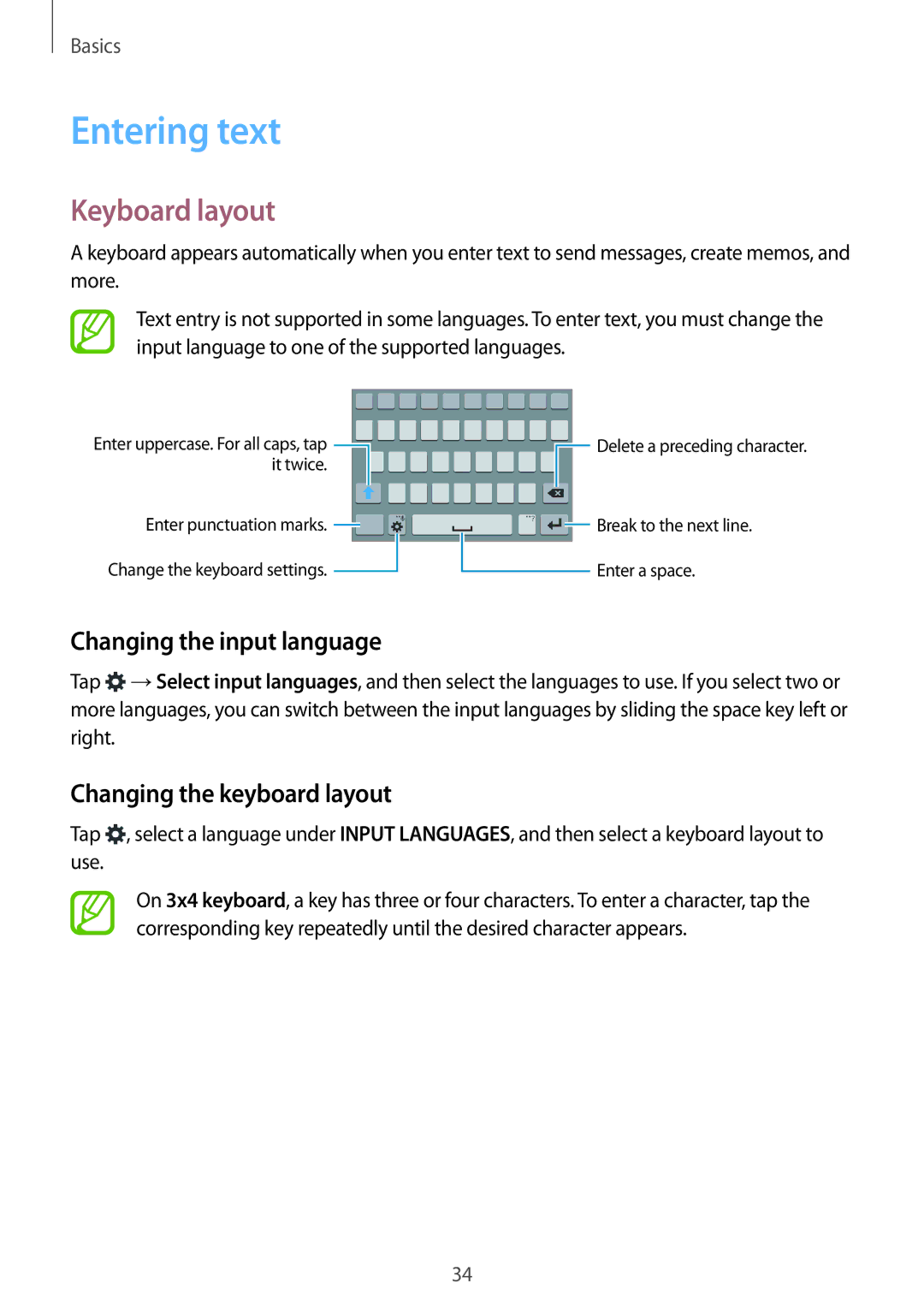 Samsung SM-E500FZWAILO manual Entering text, Keyboard layout, Changing the input language, Changing the keyboard layout 