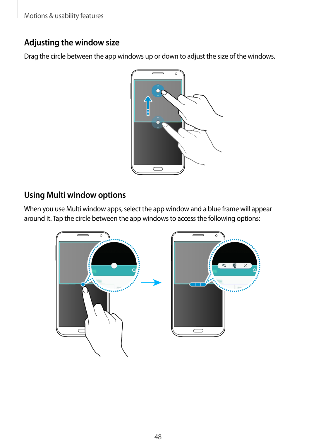 Samsung SM-E500FZNAILO, SM-E500HZWDKSA, SM-E500FZNDKSA, SM-E500FZWDKSA Adjusting the window size, Using Multi window options 