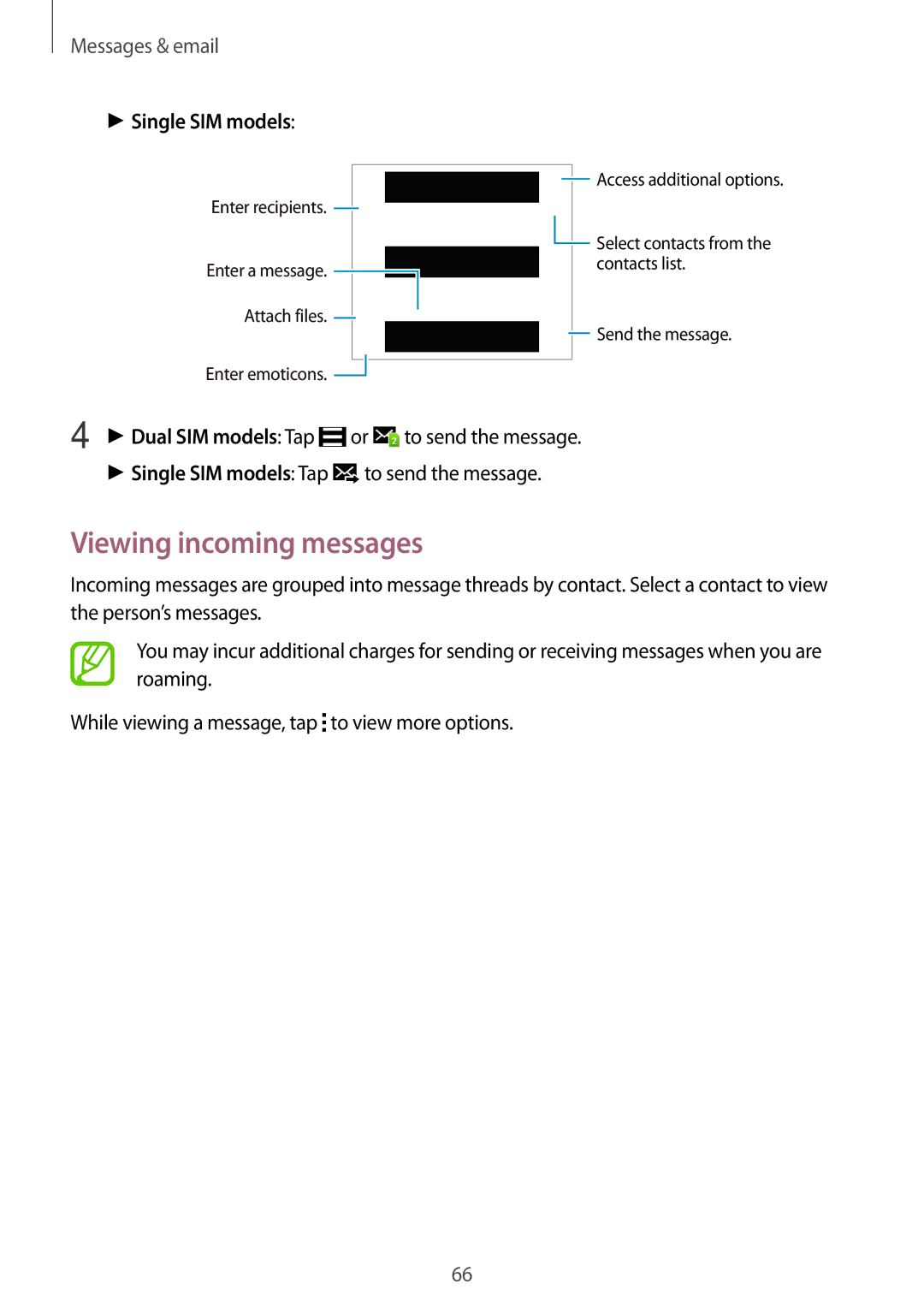 Samsung SM-E500FZKAPCL, SM-E500HZWDKSA, SM-E500FZNDKSA, SM-E500FZWDKSA manual Viewing incoming messages, Single SIM models 