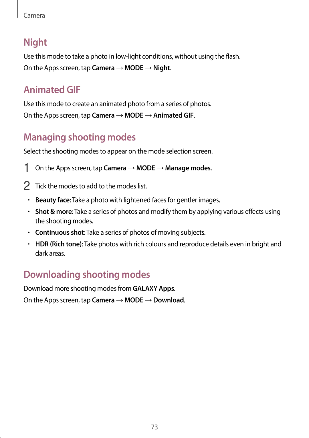 Samsung SM-E500FZWAPTR, SM-E500HZWDKSA manual Night, Animated GIF, Managing shooting modes, Downloading shooting modes 