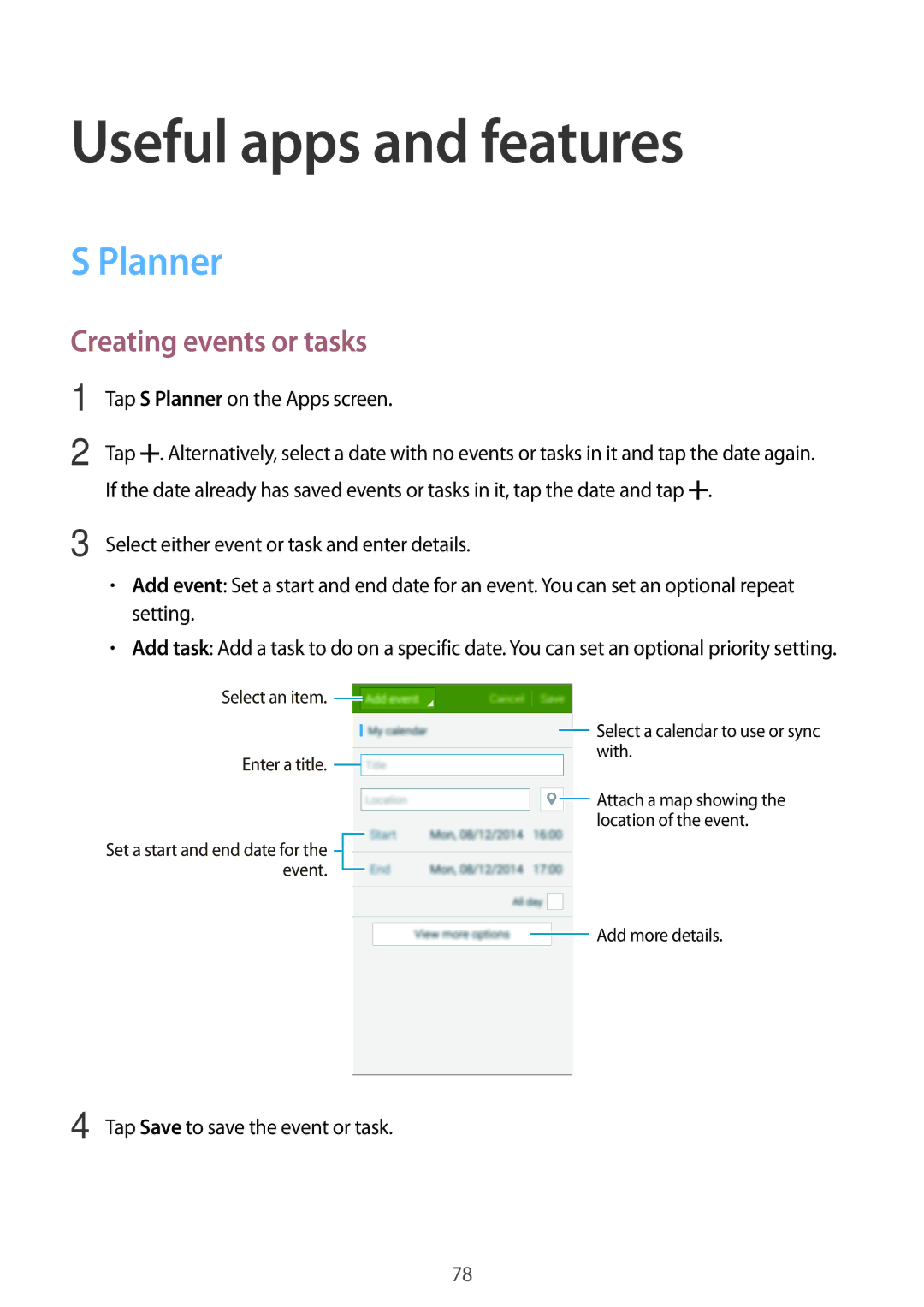 Samsung SM-E500FZWDKSA, SM-E500HZWDKSA, SM-E500FZNDKSA manual Useful apps and features, Planner, Creating events or tasks 