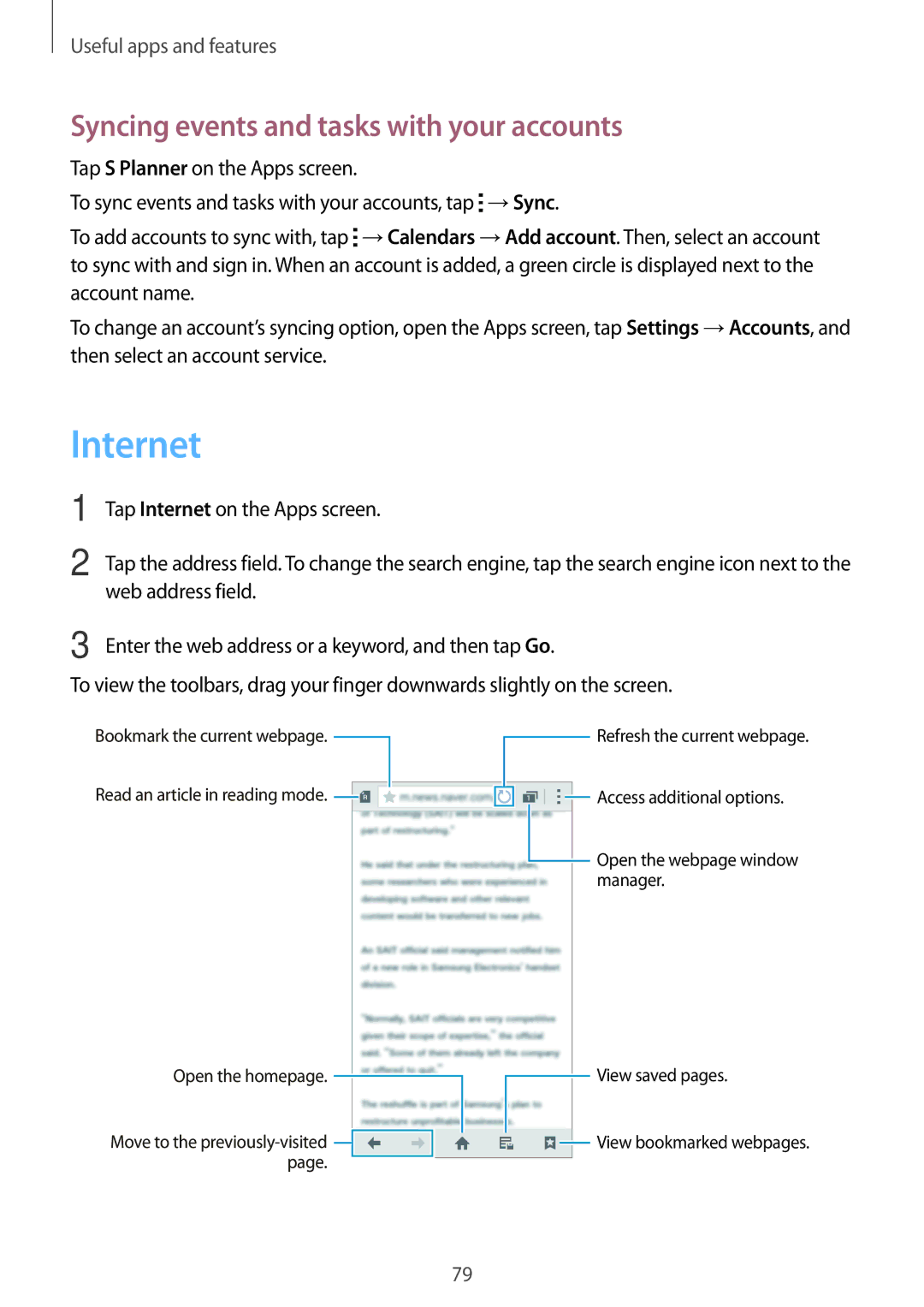 Samsung SM-E500FZKDKSA, SM-E500HZWDKSA, SM-E500FZNDKSA, SM-E500FZWDKSA Internet, Syncing events and tasks with your accounts 