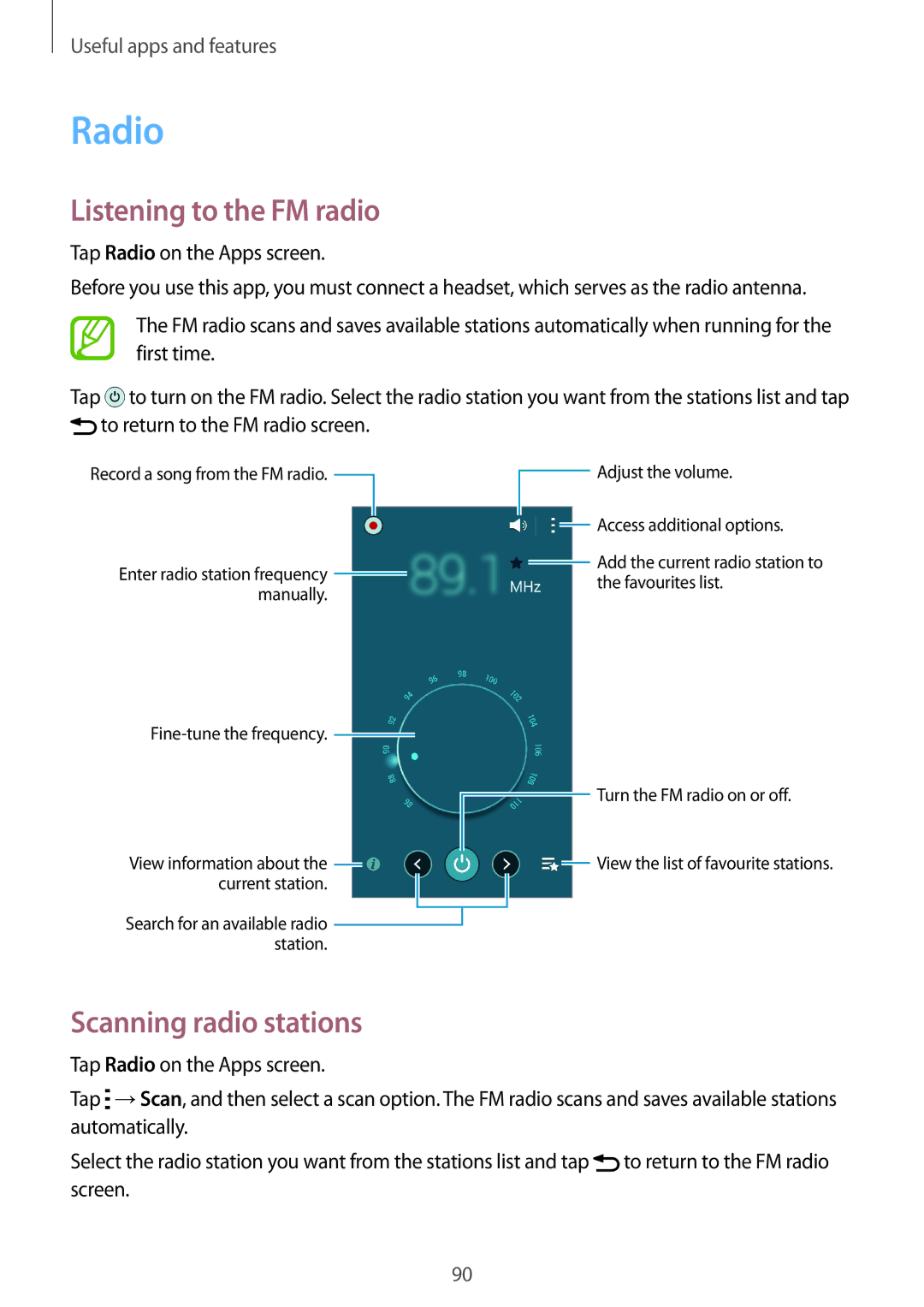 Samsung SM-E500FZKAPTR, SM-E500HZWDKSA, SM-E500FZNDKSA manual Radio, Listening to the FM radio, Scanning radio stations 