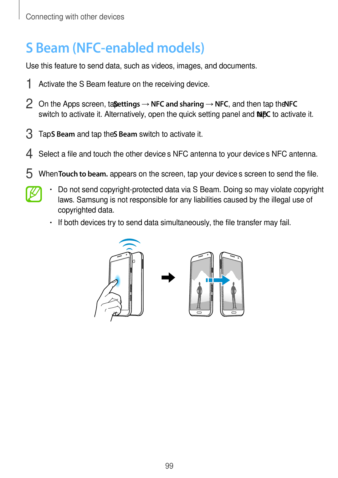 Samsung SM-E500HZNDKSA, SM-E500HZWDKSA manual Beam NFC-enabled models, Tap S Beam and tap the S Beam switch to activate it 