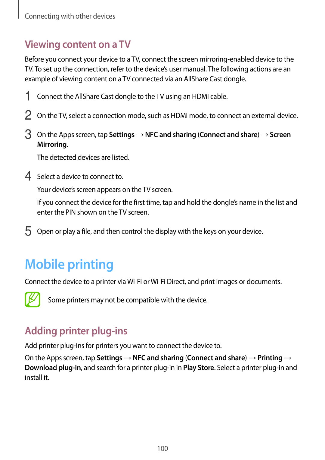 Samsung SM-E500HZNDKSA, SM-E500HZWDKSA, SM-E500HZKDKSA Mobile printing, Viewing content on a TV, Adding printer plug-ins 