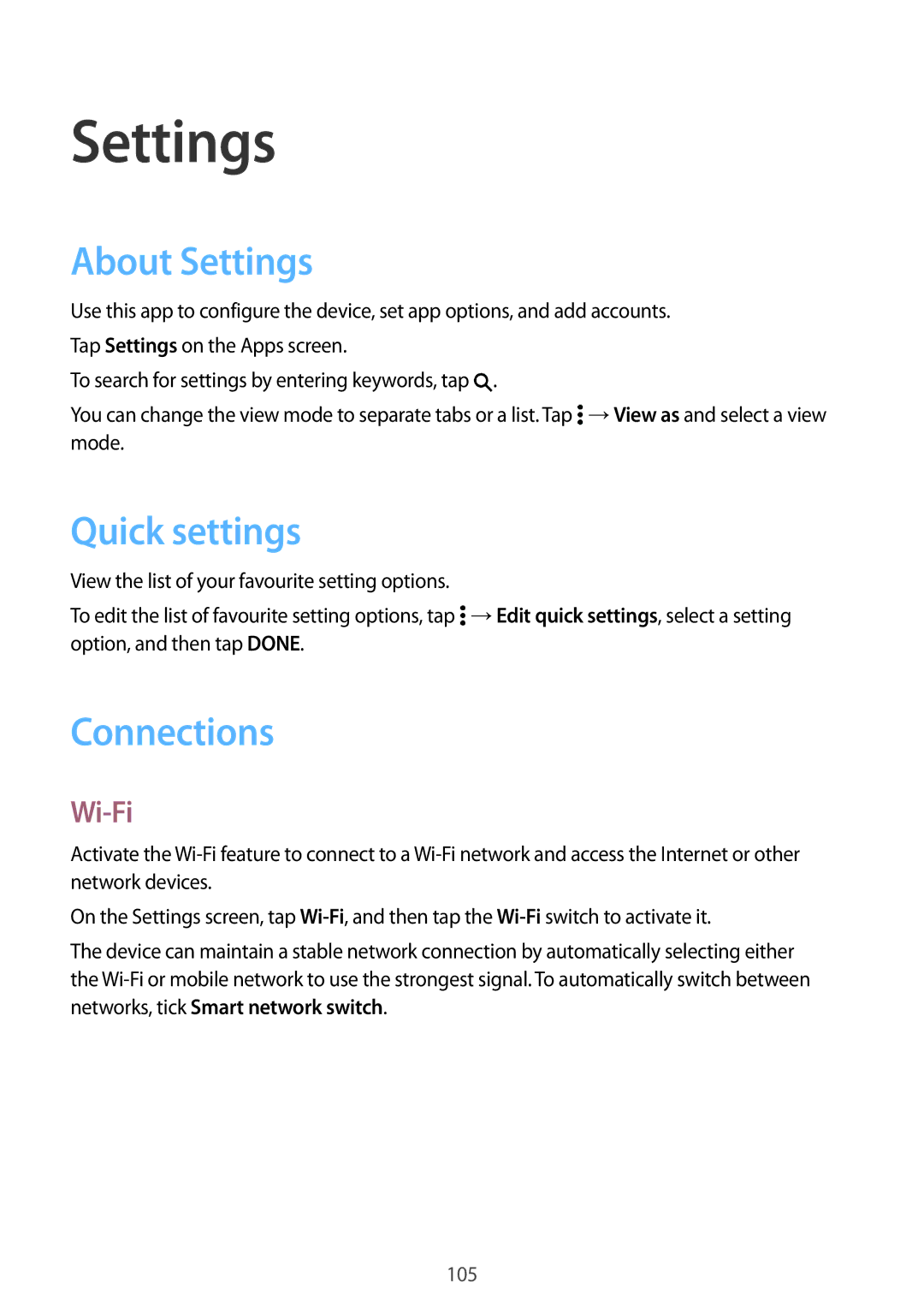 Samsung SM-E500HZWDKSA, SM-E500HZNDKSA, SM-E500HZKDKSA manual About Settings, Quick settings, Connections, Wi-Fi 