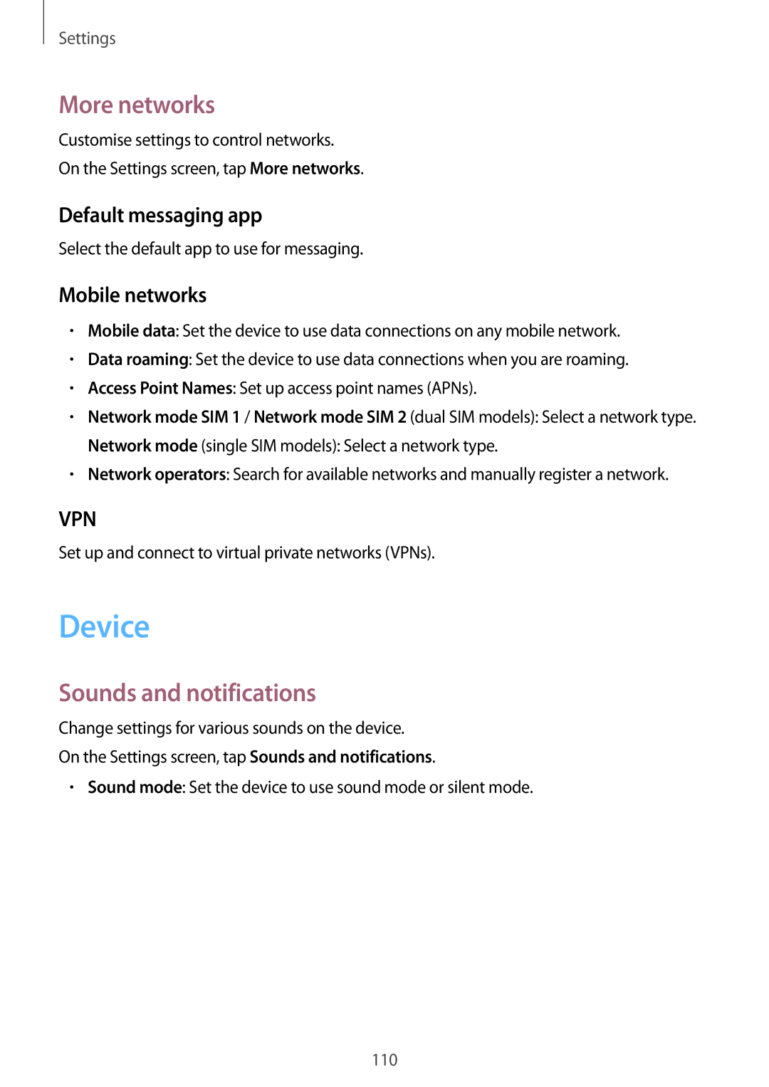 Samsung SM-E500HZKDKSA manual Device, More networks, Sounds and notifications, Default messaging app, Mobile networks 