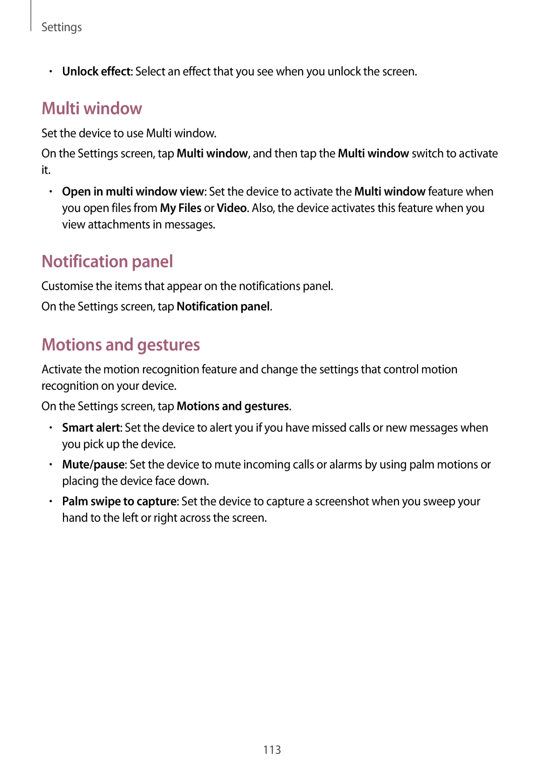 Samsung SM-E500HZKDKSA, SM-E500HZWDKSA, SM-E500HZNDKSA manual Multi window, Notification panel, Motions and gestures 