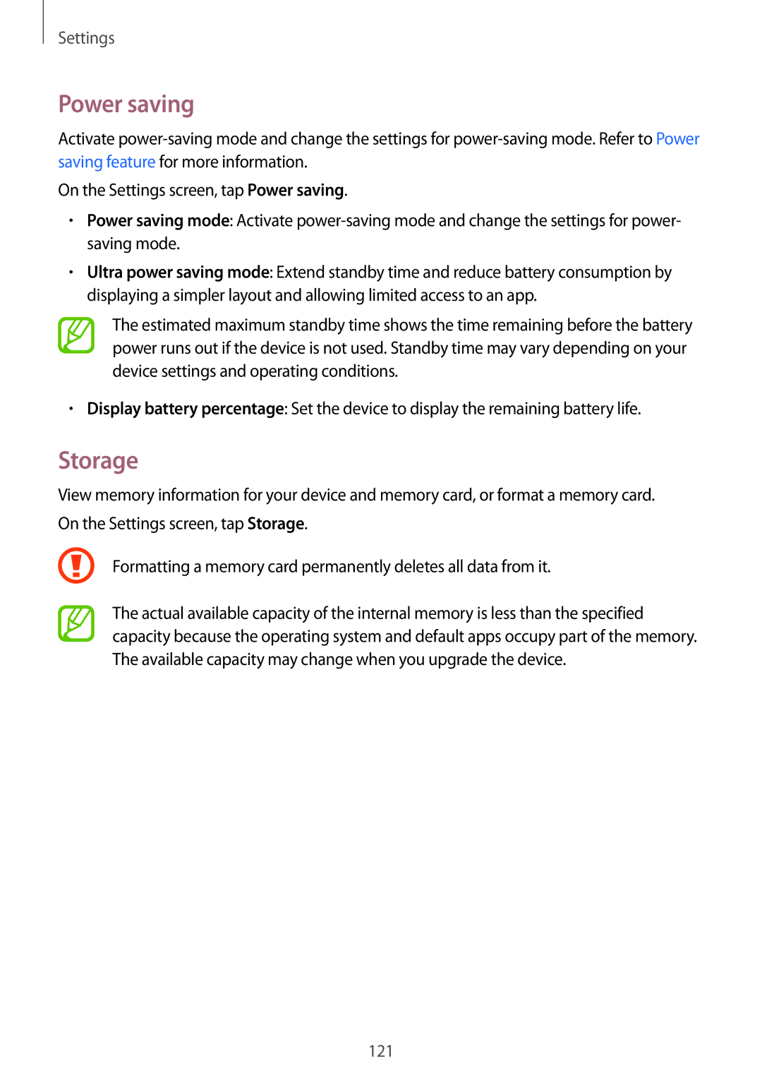 Samsung SM-E500HZNDKSA, SM-E500HZWDKSA, SM-E500HZKDKSA manual Power saving, Storage 