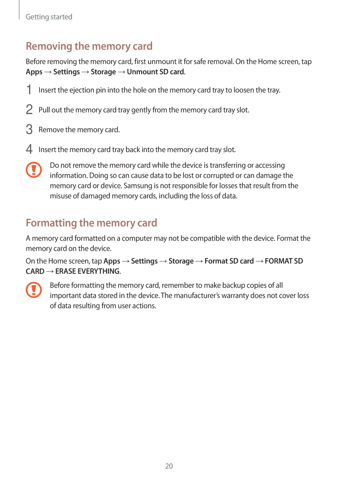 Samsung SM-E500HZKDKSA, SM-E500HZWDKSA, SM-E500HZNDKSA manual Removing the memory card, Formatting the memory card 