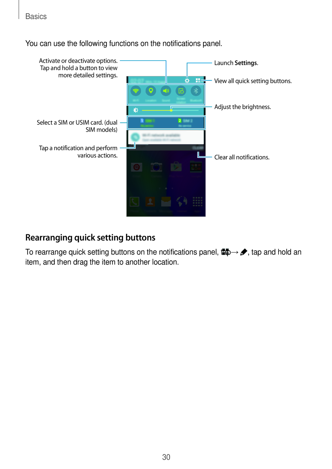 Samsung SM-E500HZWDKSA, SM-E500HZNDKSA, SM-E500HZKDKSA manual Rearranging quick setting buttons 