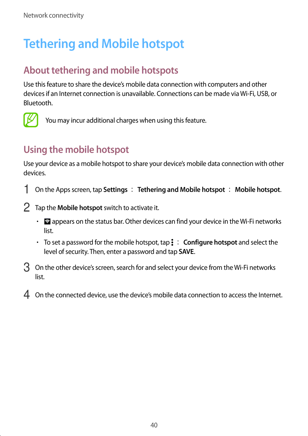 Samsung SM-E500HZNDKSA manual Tethering and Mobile hotspot, About tethering and mobile hotspots, Using the mobile hotspot 