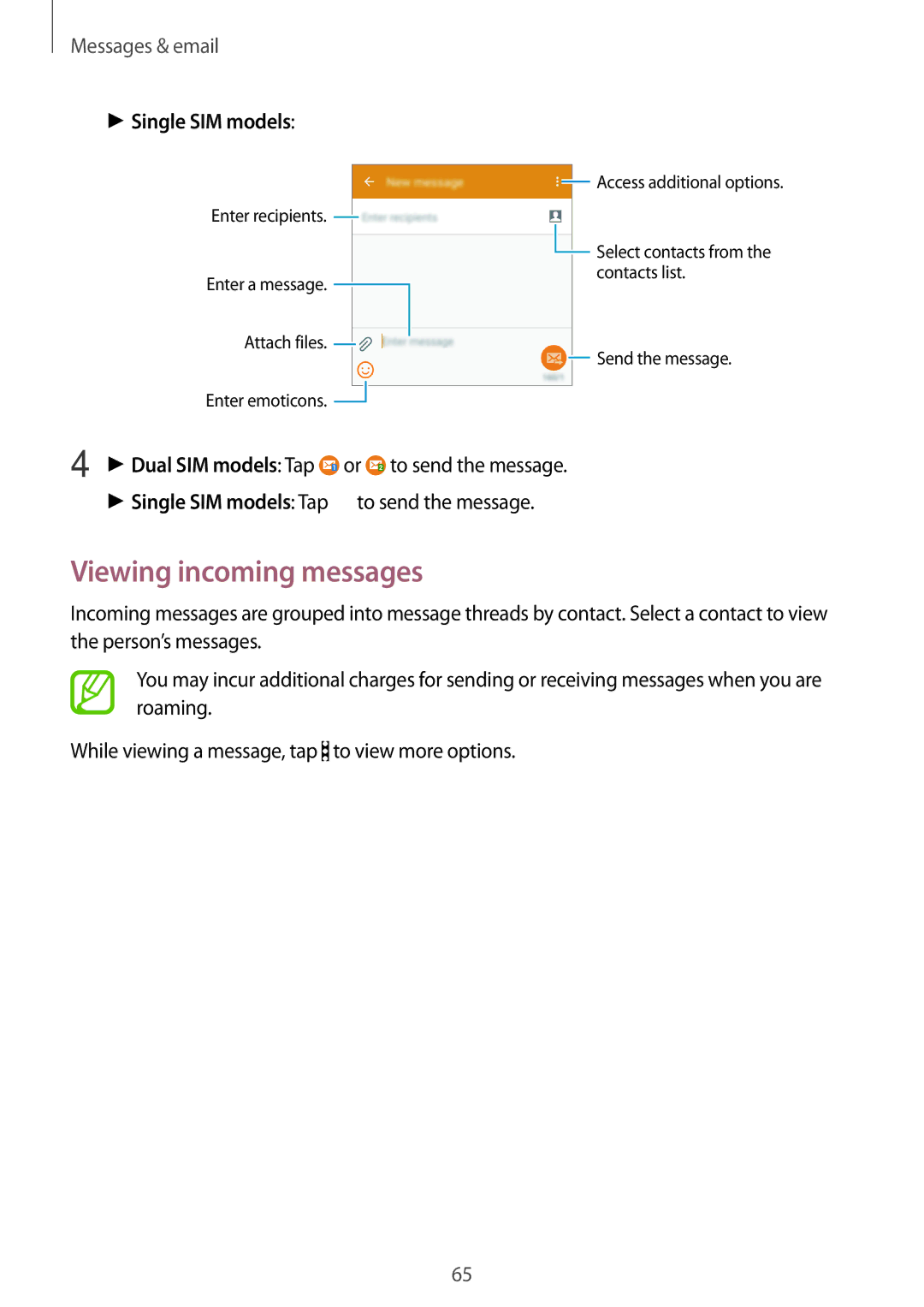 Samsung SM-E500HZKDKSA, SM-E500HZWDKSA, SM-E500HZNDKSA manual Viewing incoming messages, Single SIM models 