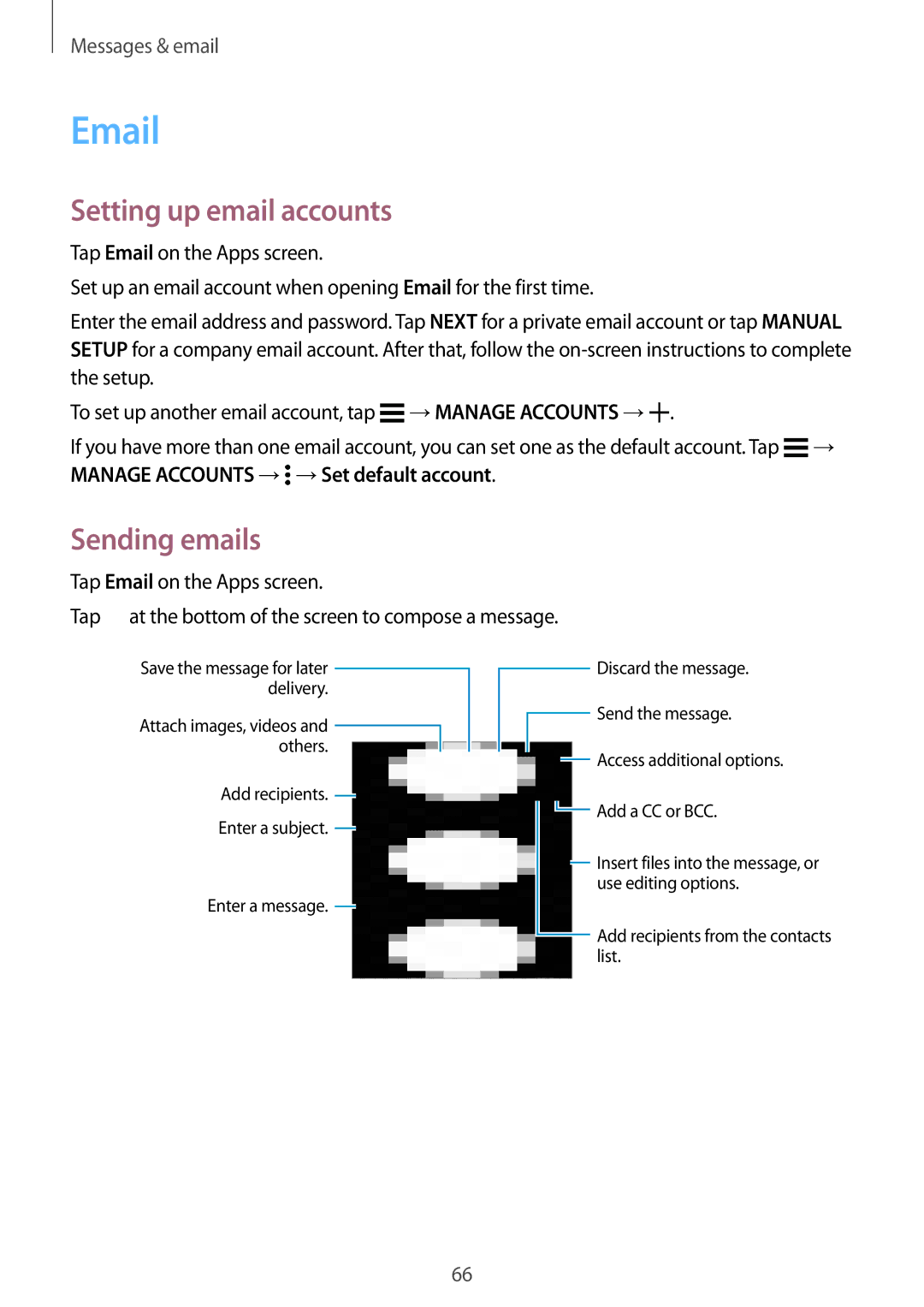 Samsung SM-E500HZWDKSA, SM-E500HZNDKSA, SM-E500HZKDKSA manual Setting up email accounts, Sending emails 