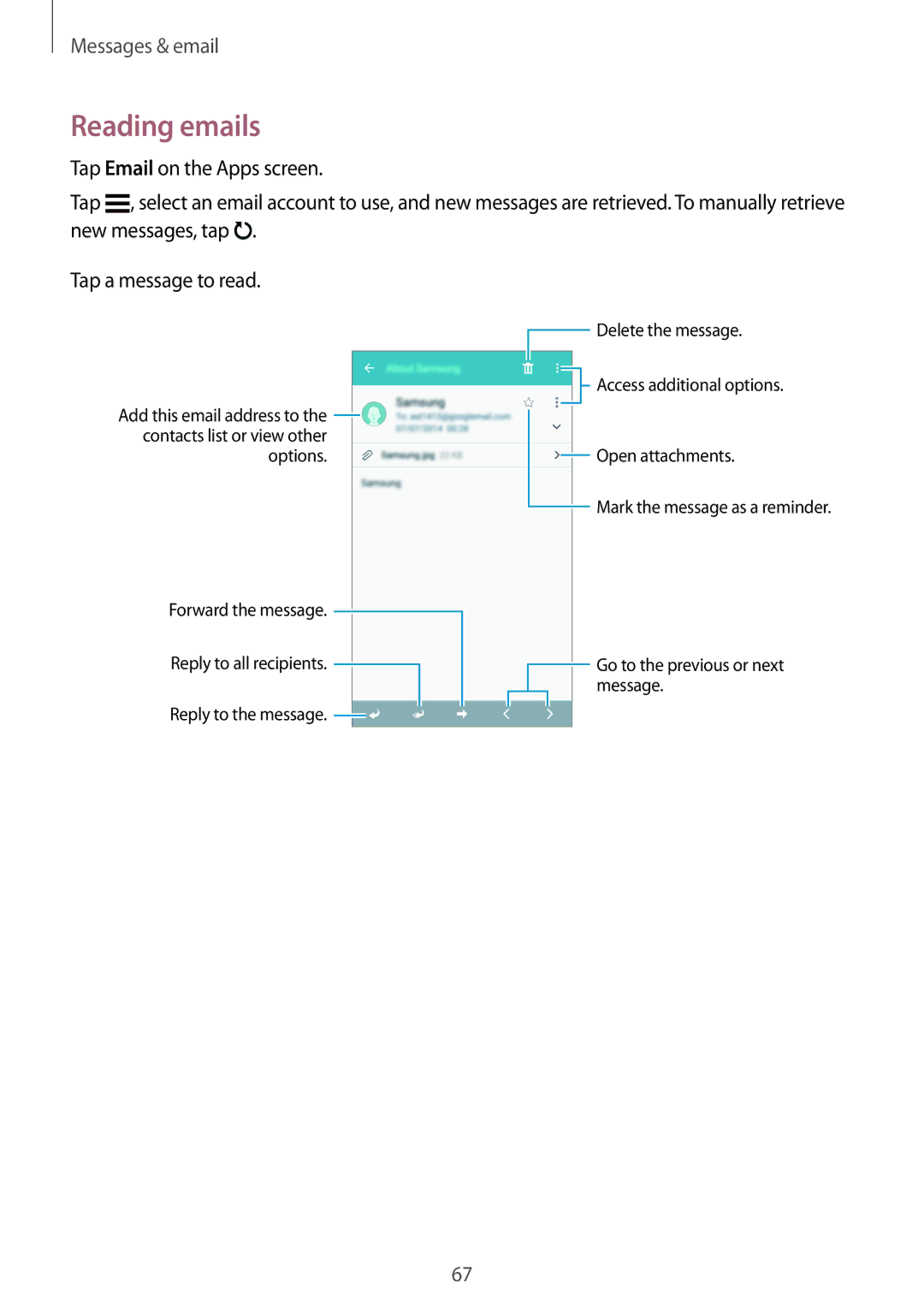 Samsung SM-E500HZNDKSA, SM-E500HZWDKSA, SM-E500HZKDKSA manual Reading emails 